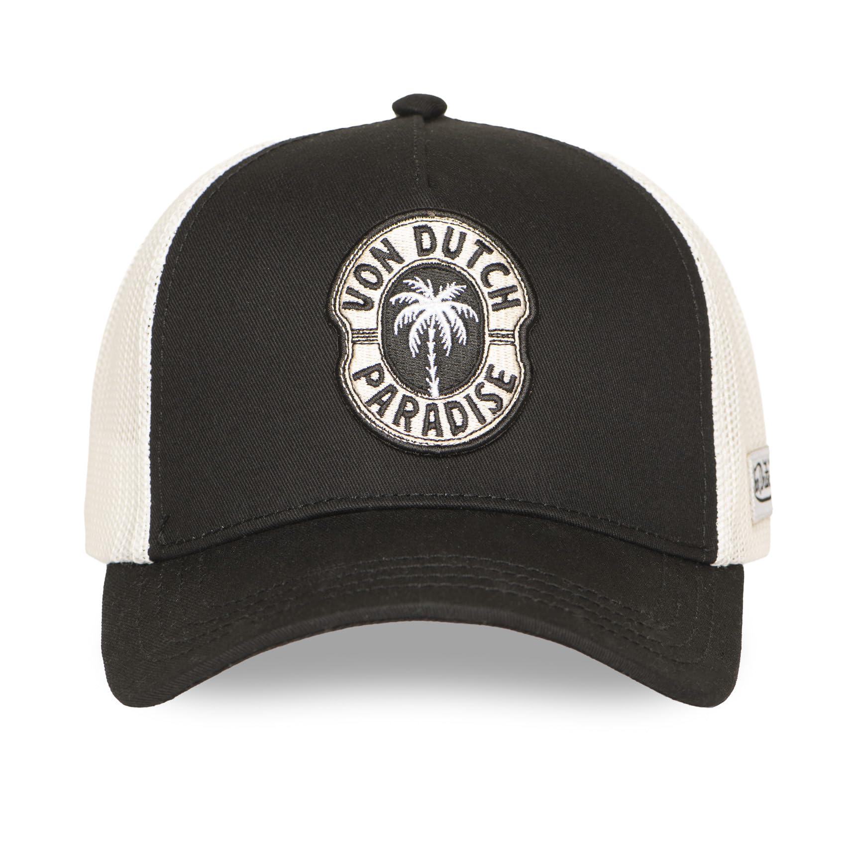 Von Dutch Czapka z daszkiem Trucker, czarno-biała, oddychająca siatka, logo palmy Paradise, regulowana