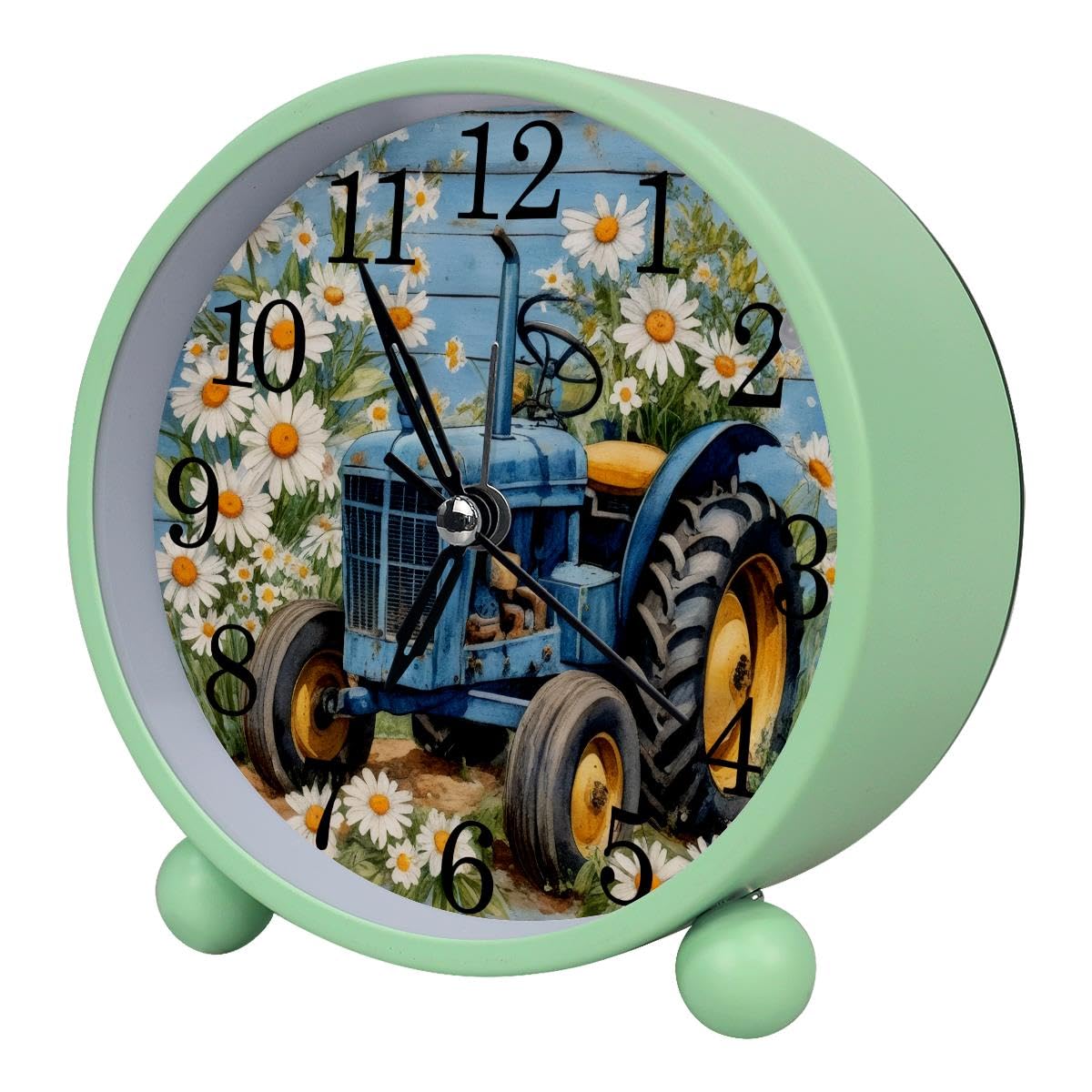 Luoweisi Alarm Clock Daisy Tractor on Rustic Plank, Silent Non-Ticking with Night Light