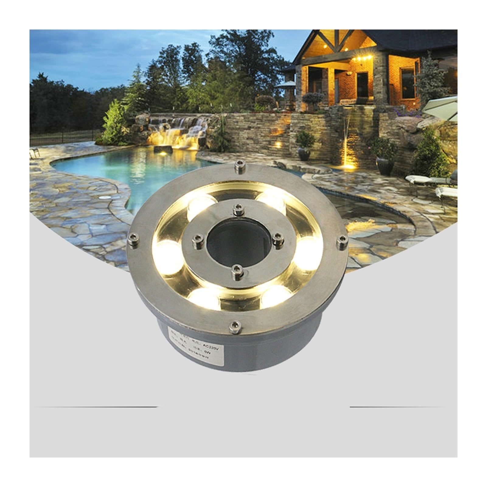 Fontana luminosa 6W LED subacquea foro centrale luce primaverile, lampada da piscina rotonda ad anello a bassa tensione impermeabile IP68(Warm White,12V)