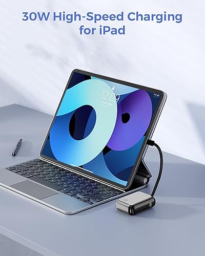 Miniatura 8 de 4smarts Banco de energía, cargador portátil de 10000 mAh, cable USB-C integrado con salida PD de 30 W, carga rápida, mini batería para iPhone 1515