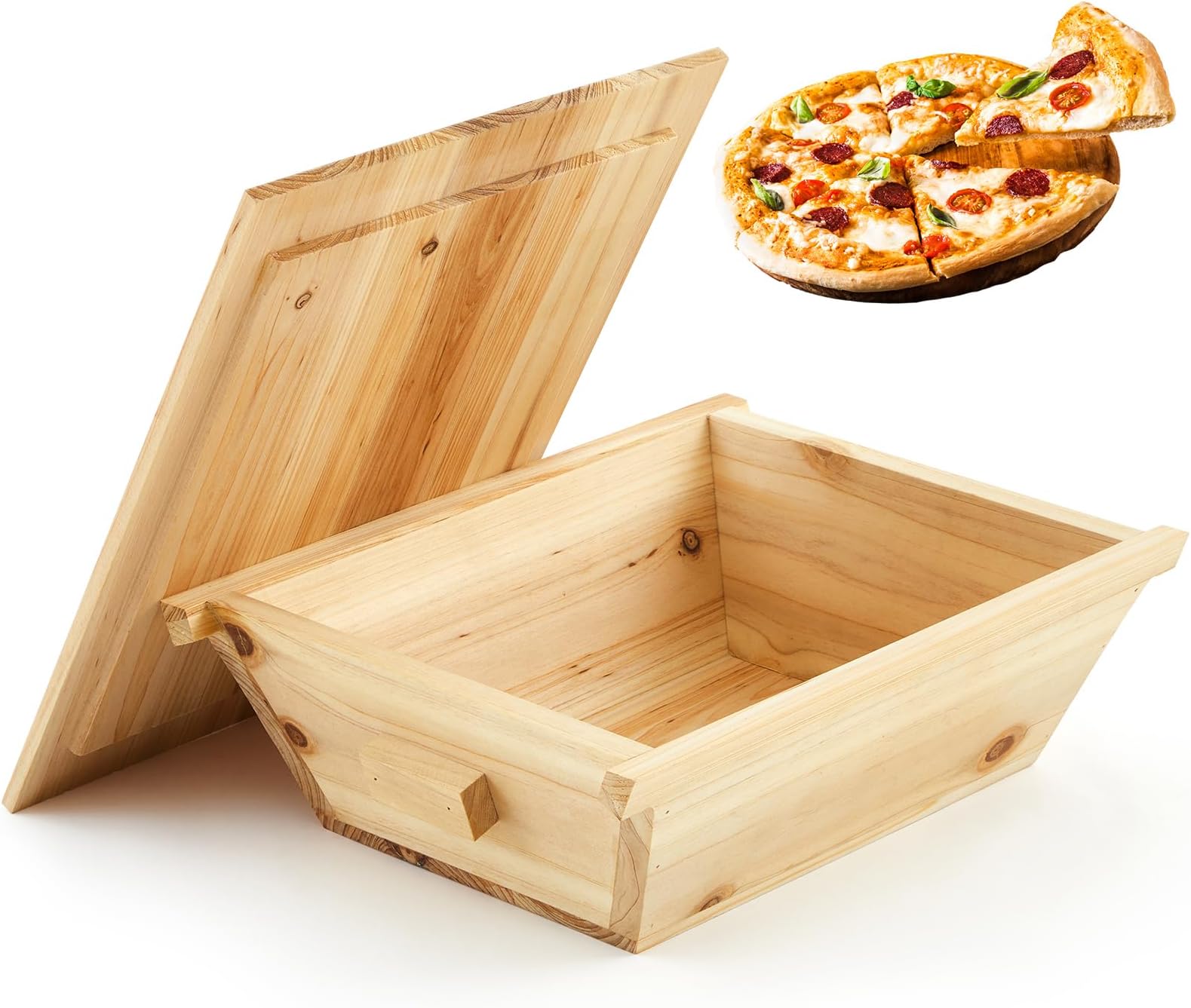 Juexica Tradition Wooden Pizza Dough Proofing Box with Lid Handle 16 x 13 Inch Pizza Dough Proofing Container Tray for Kitchen Homemade Pizza Bread Making Accessories Storage, Natural
