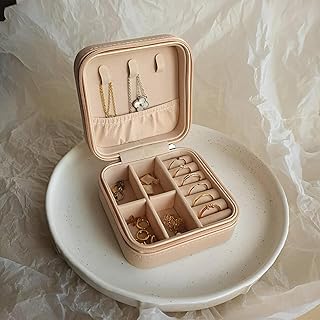 منظم اكسسوارات للسفر - صندوق مجوهرات صغير بتصميم قابل للتعديل لتخزين السلاسل والخواتم والحلقان والأساور، باللون الوردي، تصميم أنيق ومتين لسهولة التنقل وحماية المجوهرات متعدد الالوان