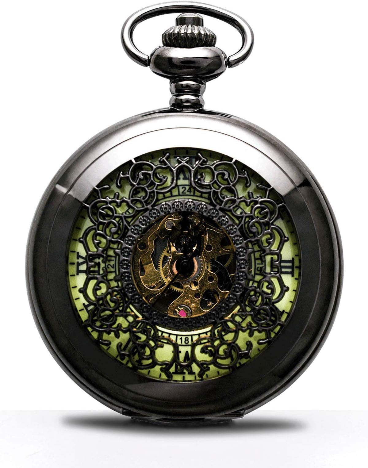 Vintage Mechanical Pocket Watches for Men Luminous Steampunk Pocket Watch with Chain Black Skeleton Dial Roman Numberals Pocketwatch Gifts for Fathers Day
