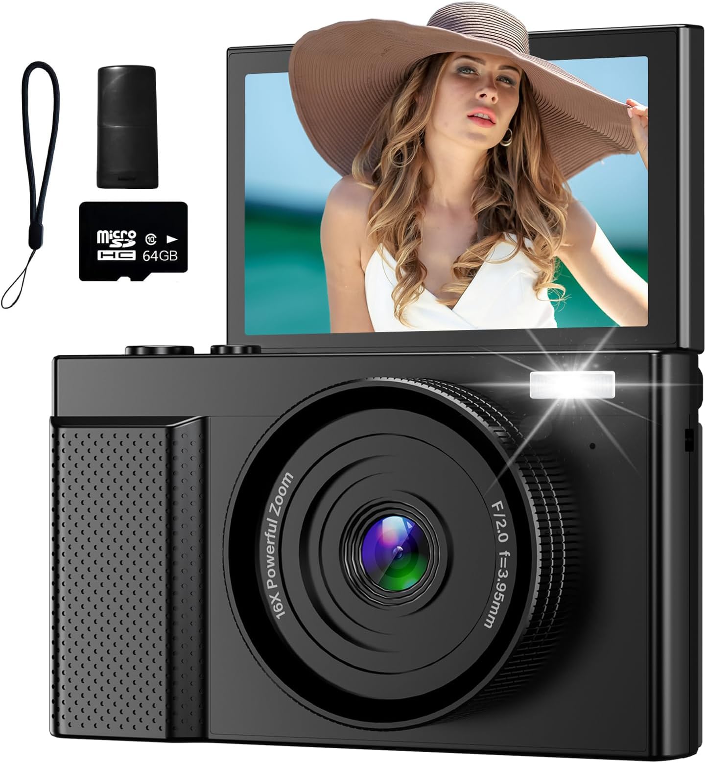 4K Digital Camera for Photography, 64MP Vlogging Video Camera for YouTube with 3'' 180°Flip Screen, 64GB Micro SD Card, 16x Digital Zoom Point Shoot Compact Travel Vintage Cameras (Black)