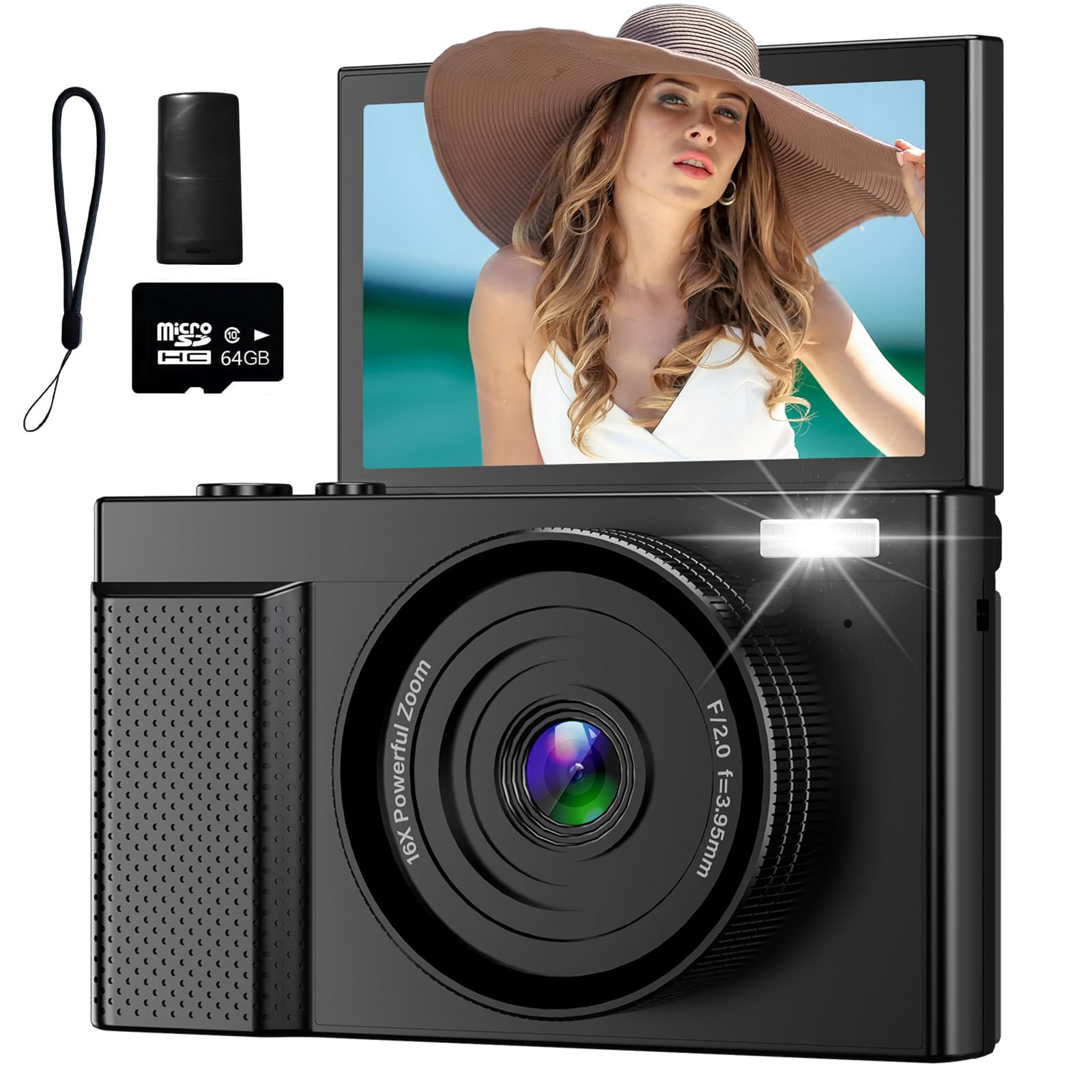 4K Digital Camera for Photography, 64MP Vlogging Video Camera for YouTube with 3'' 180°Flip Screen, 64GB Micro SD Card, 16x Digital Zoom,Point Shoot Compact Travel Vintage Cameras (Black)