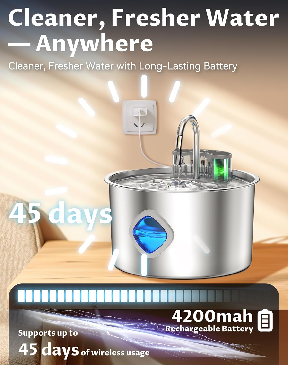 Water Bowl, Cordless Dog Water Fountain with Faucet-Style Flow, 3 Smart Dispensing Modes, Ultra-Quiet Pump, 3.2L Stainless Steel Dog Water Bowl for Dogs Cats (Bowl+6Set Filter)