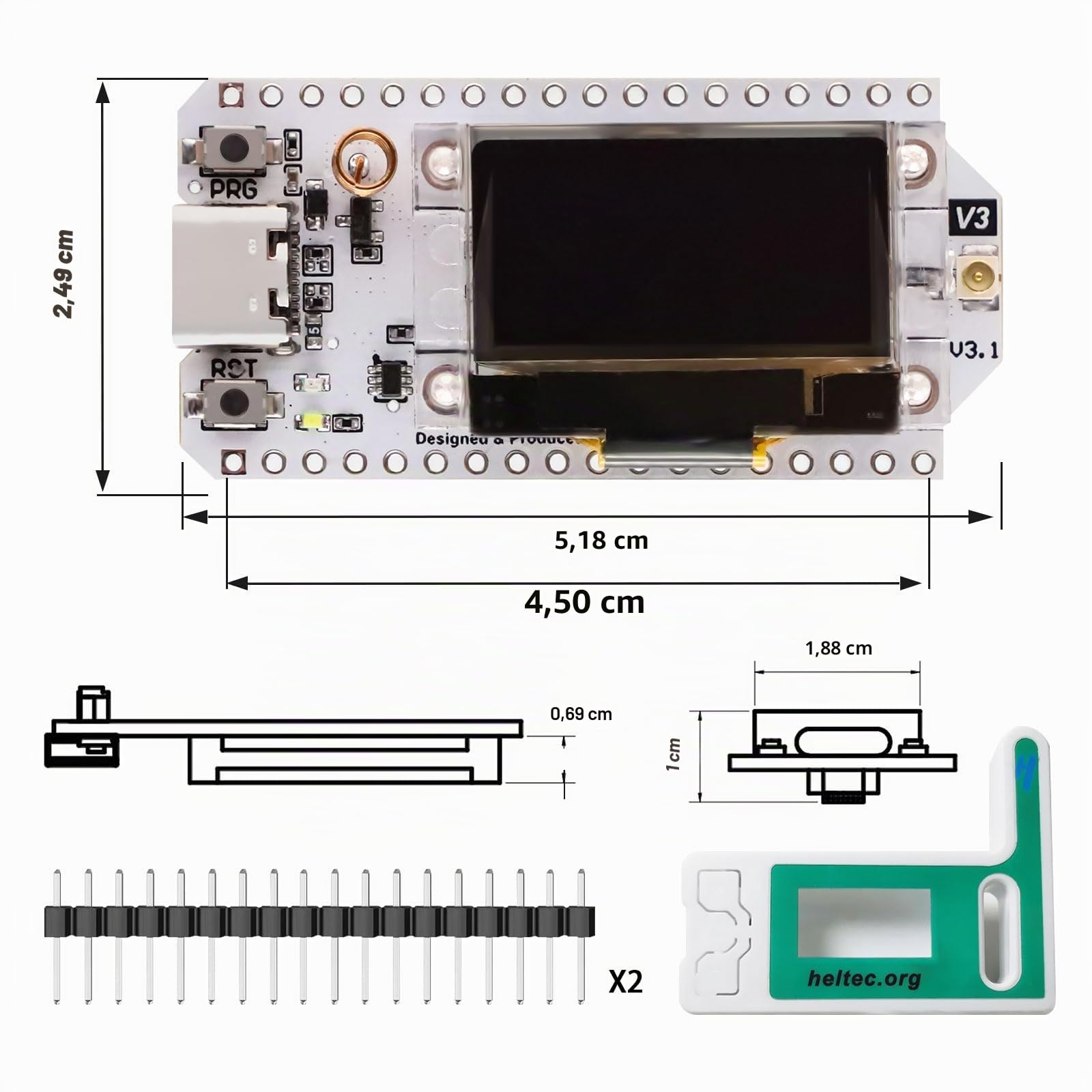 Lora ESP Board Lora V3 WiFi + BLE Carte de développement avec écran OLED et antenne USB C Dual-Core IOT 240 MHz 915 MHz pour Arduino (2 pièces)