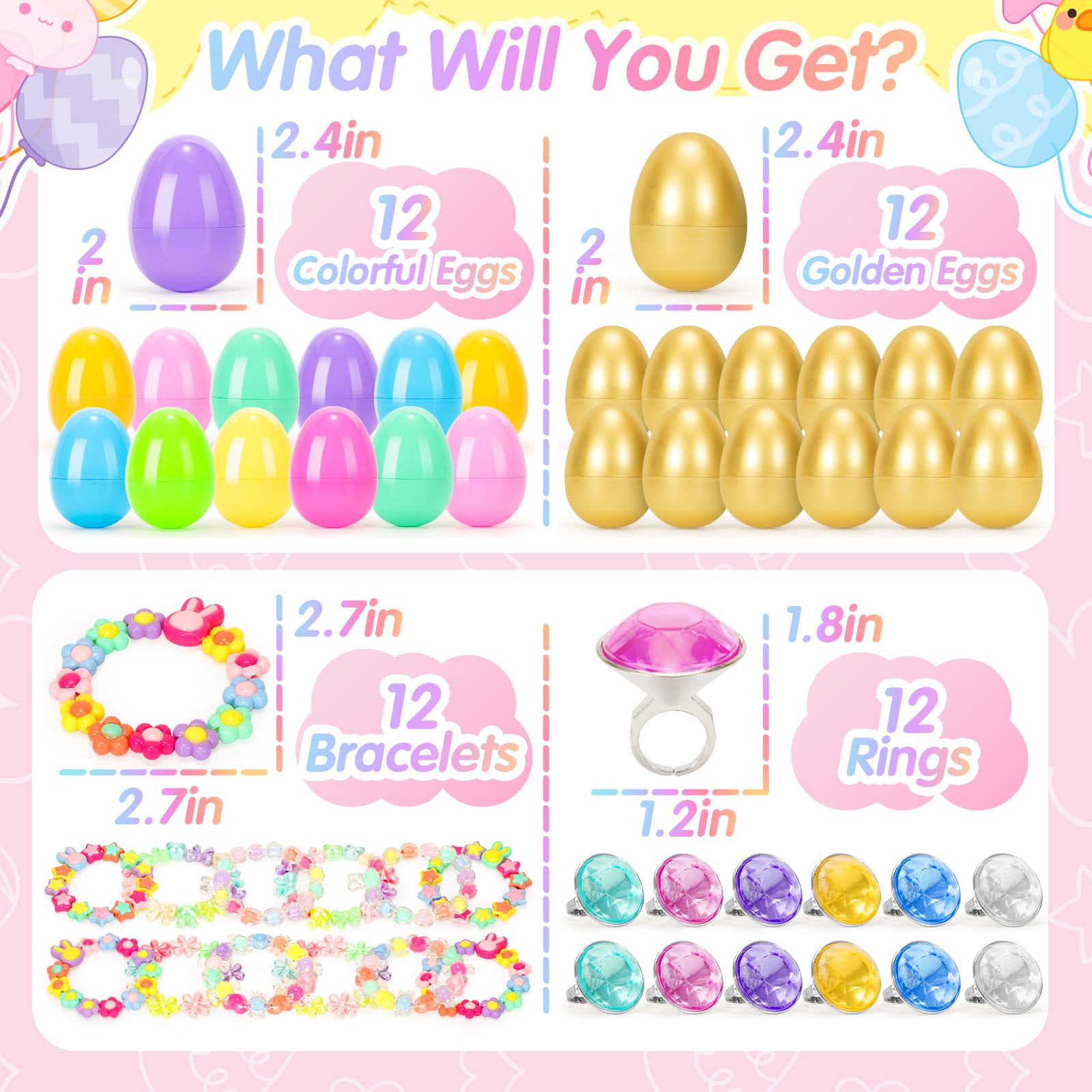 SevenQ - Lot de 24 œufs de Pâques pré-remplis avec bracelets et bagues - Bijoux pour enfants filles - Pour remplir le panier de Pâques - Cadeaux pour enfants - Jouets anti-stress - Favoris pour fêtes