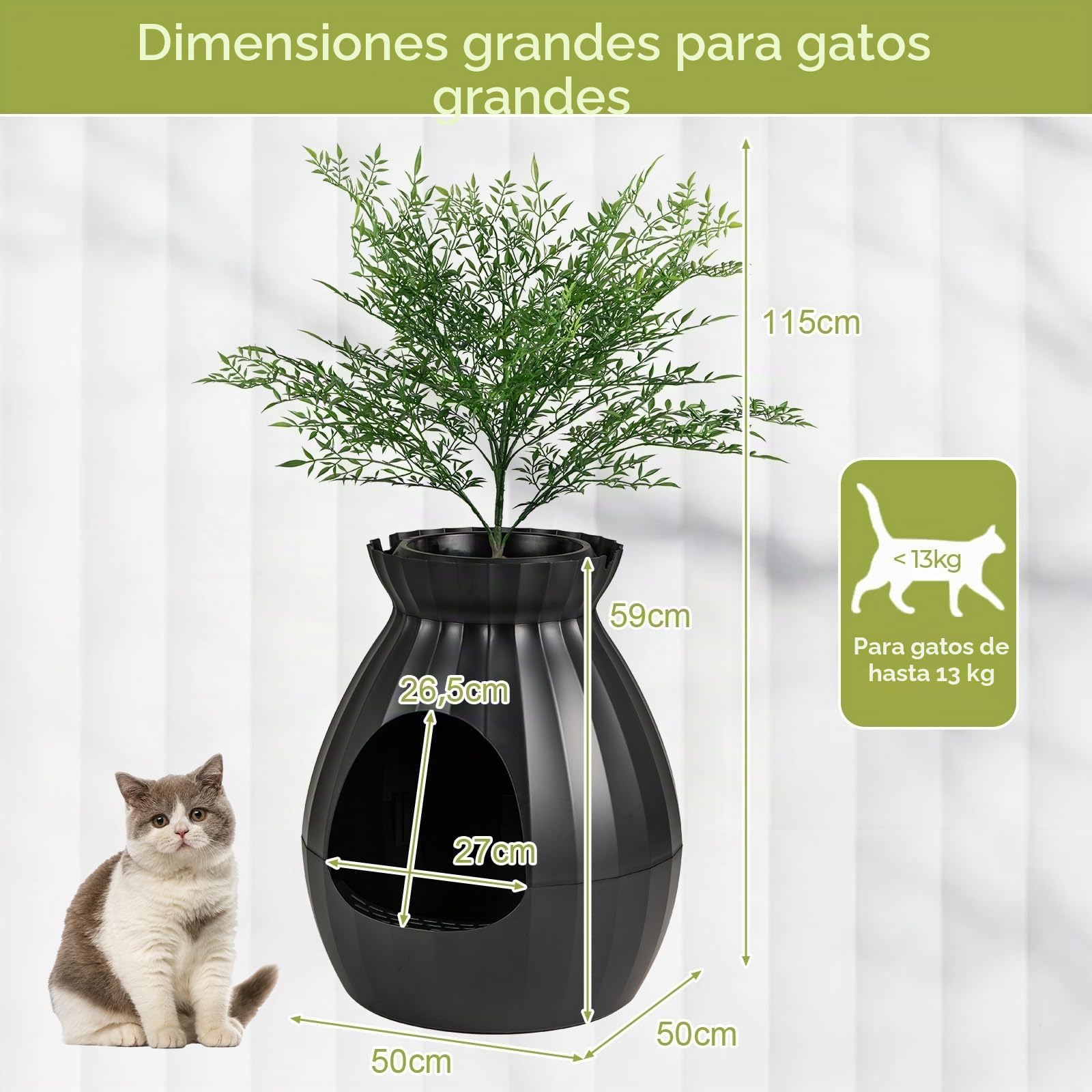 FANTASK Caja de Arena para Gatos, 50 x 50 x 59 cm, con Sistema electrónico de eliminación de olores, Estilo Maceta con Planta Artificial y guijarros, Caja de Arena Negra