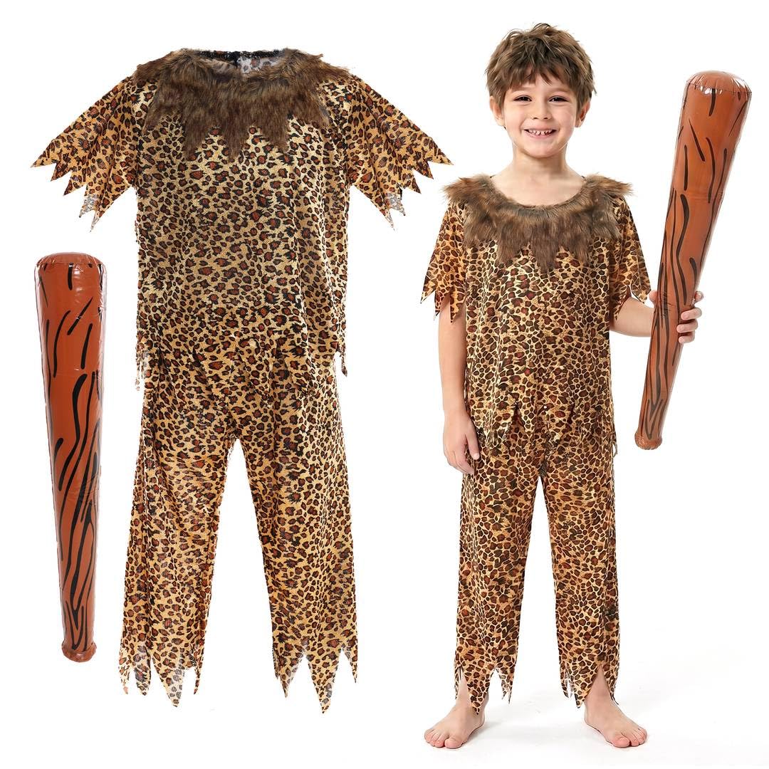 Childs Caveman Costume with Inflatable Club - Small - Kids Cave Dweller Fancy Dress Outfit for World Book Day, Stone Age School Projects & Prehistoric Dress Up