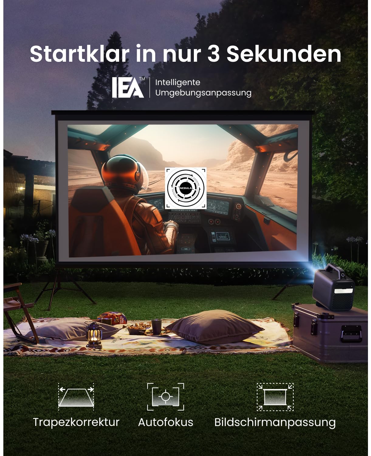 Nebula by Anker Mars 3 Tragbarer Outdoor Beamer (Schwarz) | 1000 ANSI Lumen, KI-gestützte Bildoptimierung, Android TV, 200 Zoll Heimkino für Zuhause, Camping, Roadtrip & Garten
