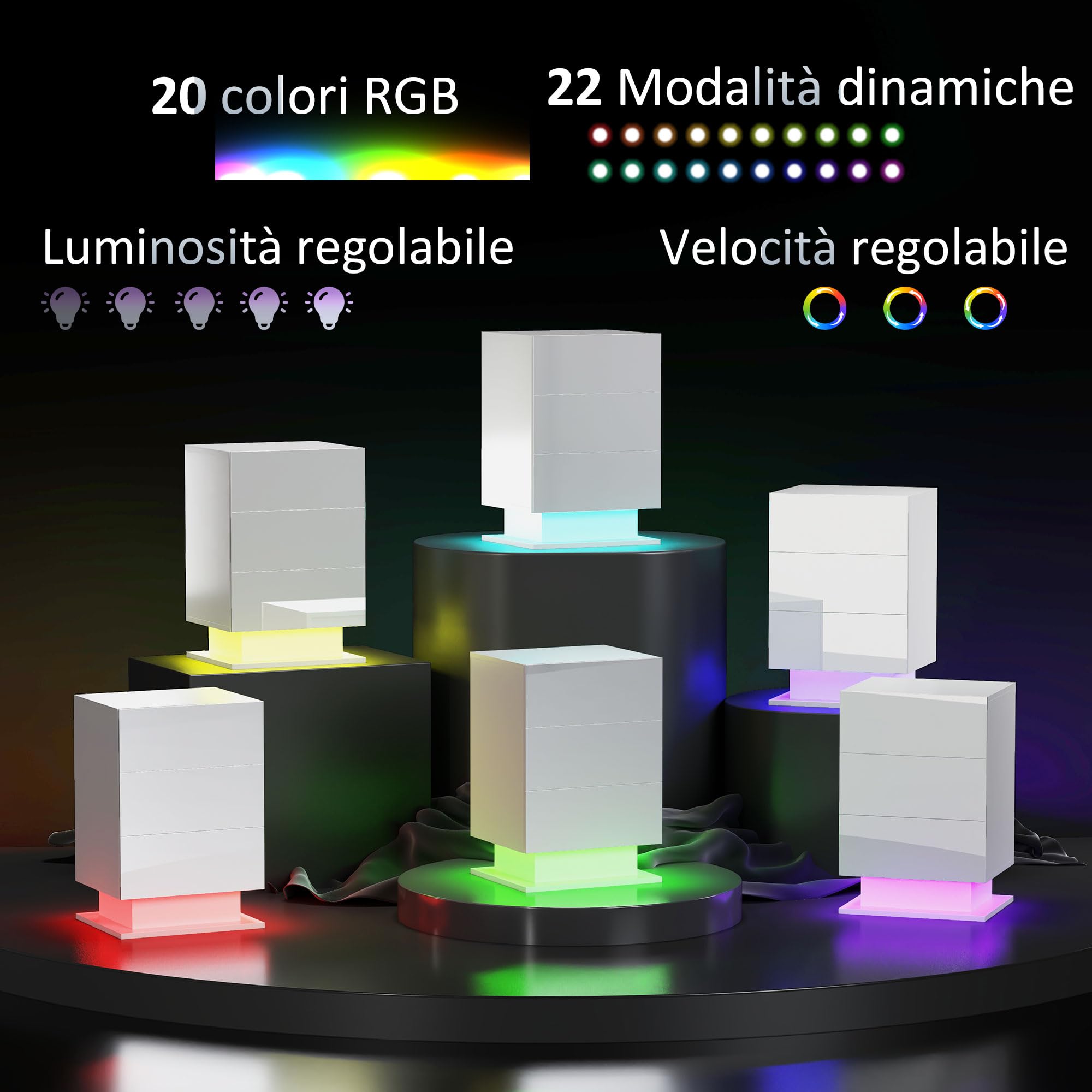 HOMCOM Comodino Moderno con Luce LED Regolabile, 40x35x60 cm, Bianco Lucido