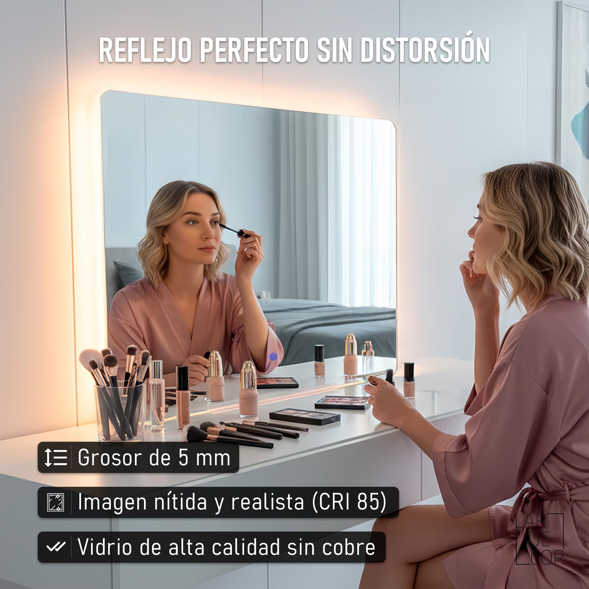 Espejo de Pared Decorativo con Luz LED Regulable 3000K/4000K/6000K【70x50 cm】 Diseño Rectangular, Función Antivaho con Interruptor Táctil e Instalación Fácil