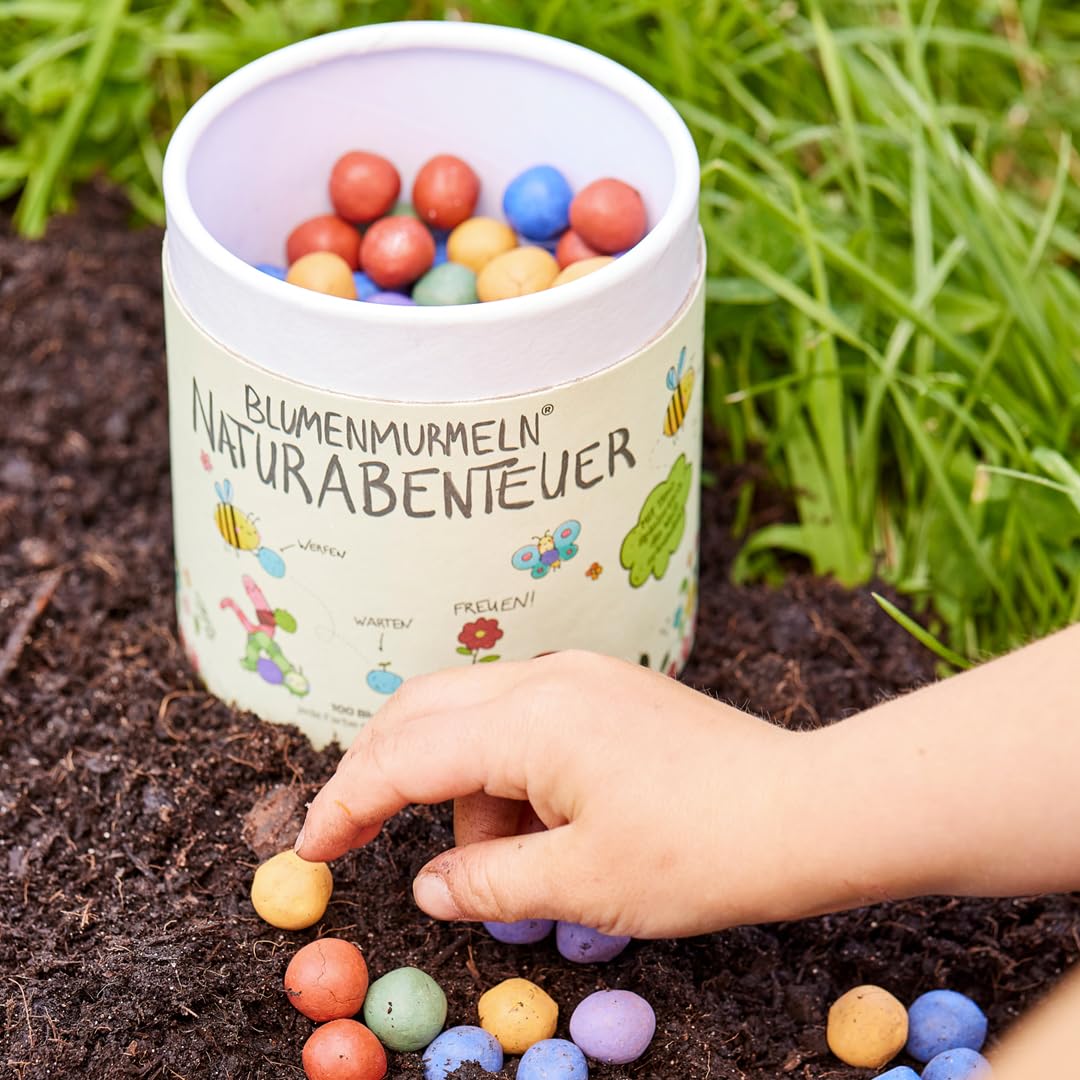 Lot de 100 billes de fleurs colorées « Mon aventure naturelle », bombes à graines roulées à la main, colorées, parfaites pour les anniversaires d'enfants, cadeau pour enfants, 100 % écologique et