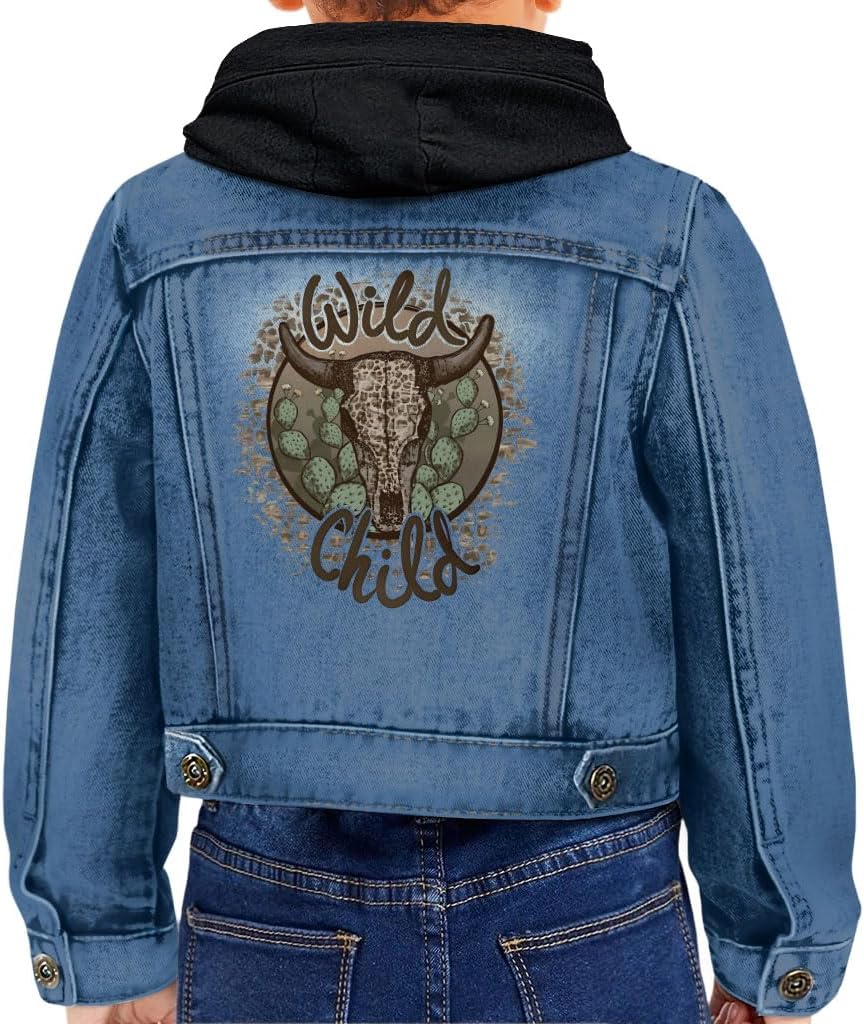 Wild Child Toddler Hooded Denim Jacket - Bull Rider Apparel - Western Clothing - Denim with Black, 12-18 Months