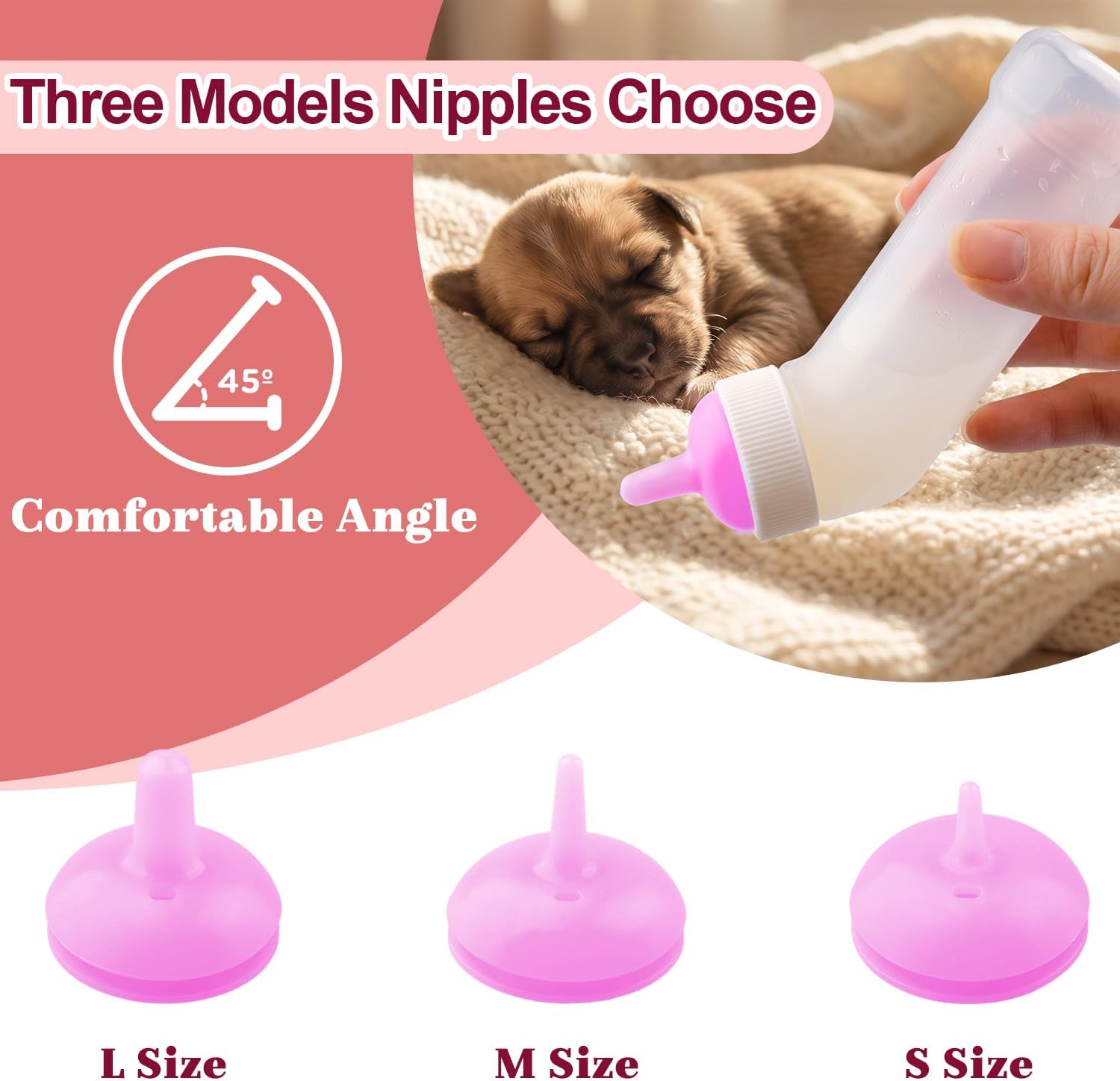 Puppies Nursing Nipple with Syringe, Wide Mouth Angled Kittens Feeding Bottles, with Ventilation Valve Resistant Tearing for Puppies, Kittens, Rabbit, Hamsters (Pink) image 4