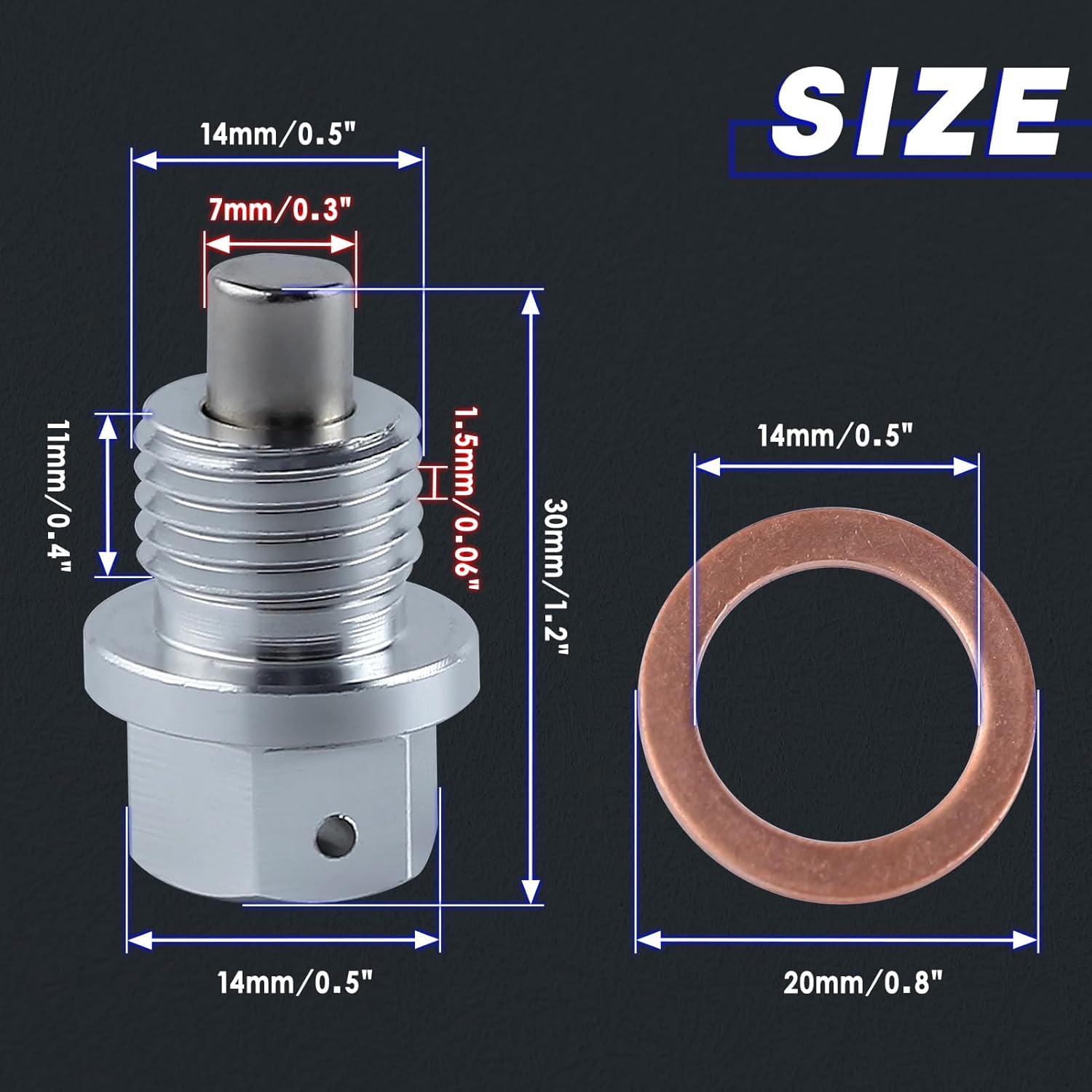 M14 x 1.5 Magnetic Oil Drain Plug Aluminum Sump Drain Nut Bolt with Red Copper Crush Washer Gaskets Replacement for Honda, Audi, Volkswagen, Suzuki, Jeep, Dache, Mitsubishi, Mazda