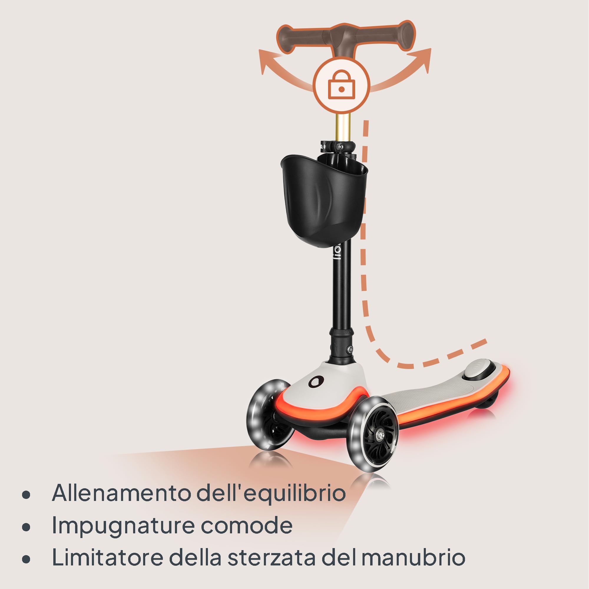 LIONELO Monopattino Bambino a 3 Ruote MEY per bambini da 3 anni fino a 50kg, Monopattino per Bambini con Illuminata e Ruote a LED, Altezza Regolabile, Pedana Antiscivolo, laggero, Cestino