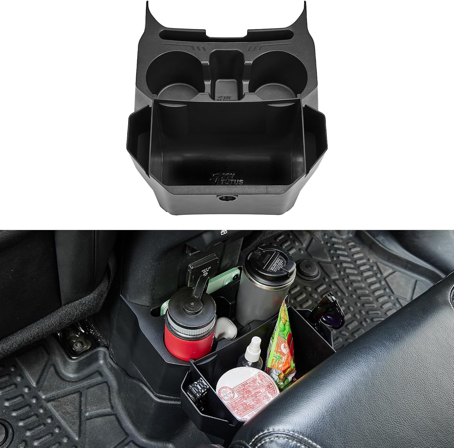 JOYTUTUS Backseat Cup Holder Storage Box Tray Organizer with Removable Trash Bin for Wrangler JL Gladiator JT, 2 Large Cup Holders Phone Storage, Floor Console Mounted Easy No-Drill Installation