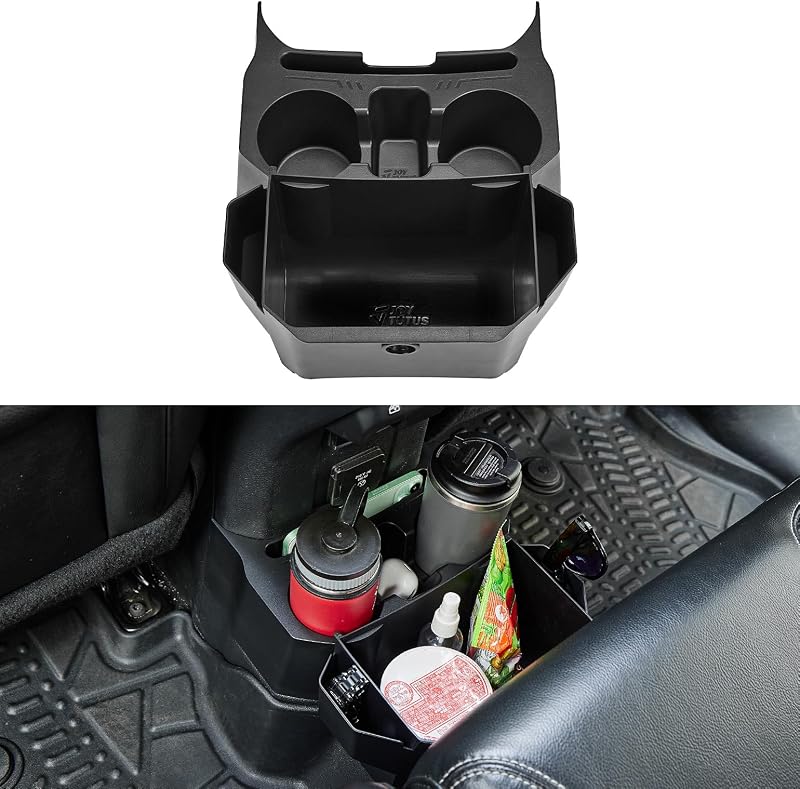 JOYTUTUS Backseat Cup Holder Storage Box Tray Organizer with Removable Trash Bin for Wrangler JL Gladiator JT, 2 Large Cup Holders Phone Storage, Floor Console Mounted Easy No-Drill Installation