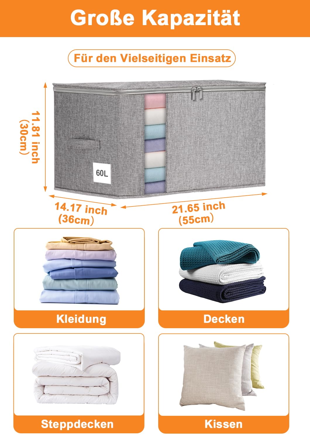 60L Aufbewahrungsboxen 2er-Pack für Bettdecken, Decken, Bettwäsche und Kleidung, faltbare formstabile Stoffboxen mit Doppelreißverschluss, Sichtfenster, starken Griffen, stapelbar, wasserdicht, Grau