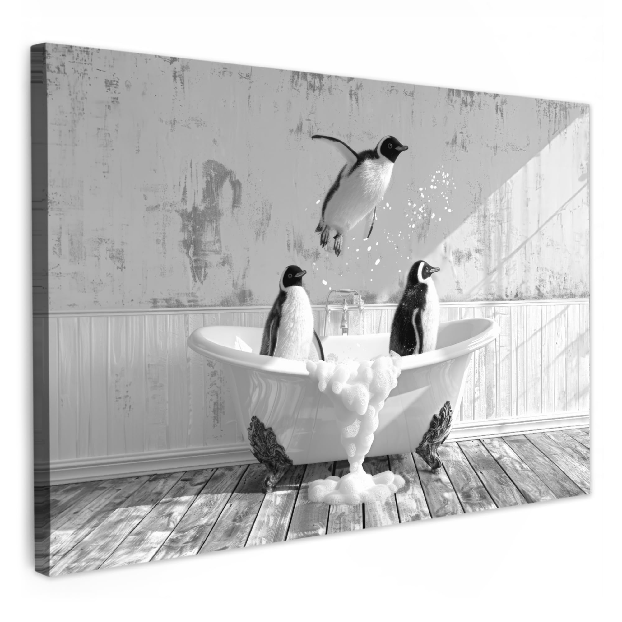 MuchoWow© Canvas Wall Art Work 30x20 cm House Decoration for Living Room Home Decor Pictures Walls Vintage - Penguin - Bathtub - Foam - Black and white — image 1