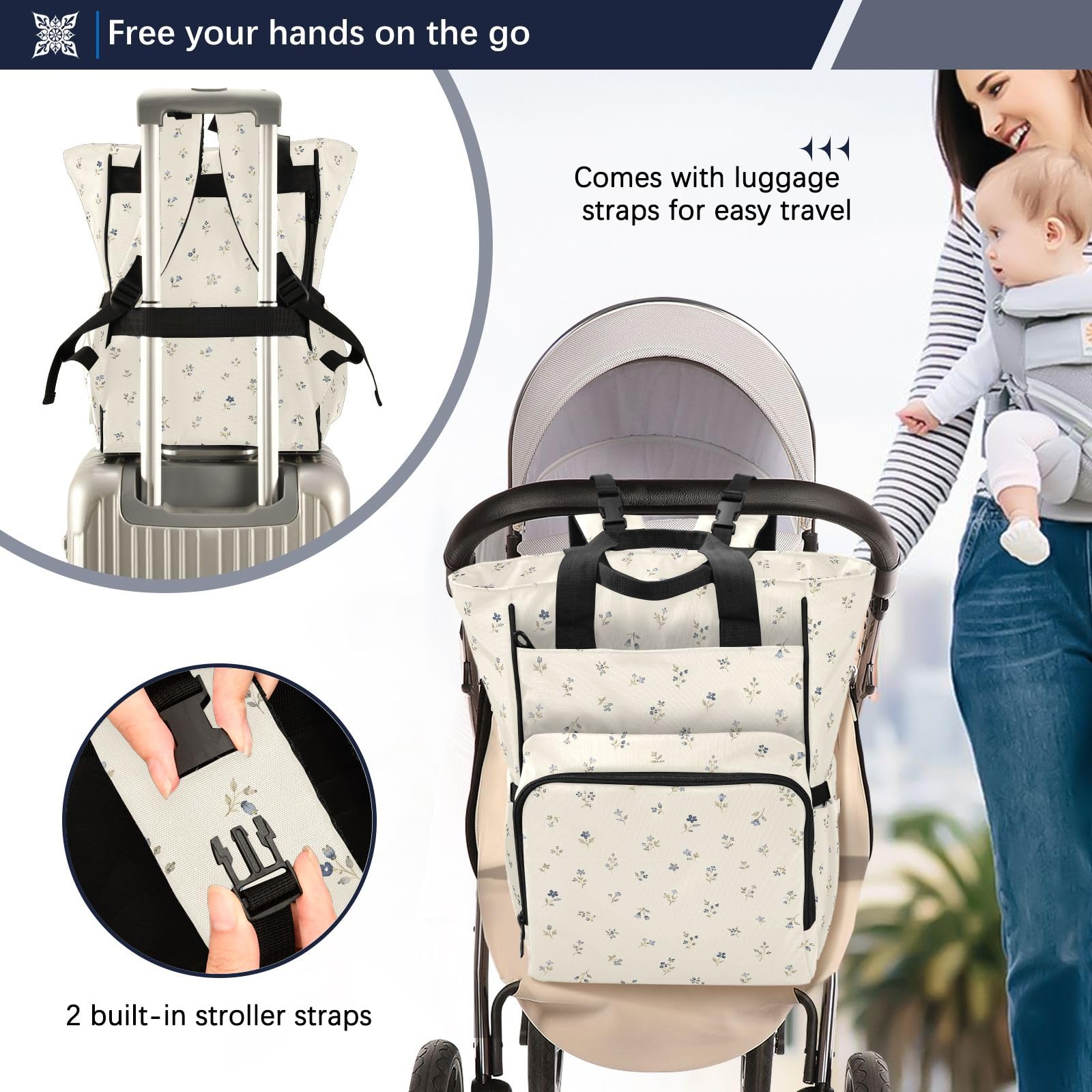 Mnsruu Blue Flower Baby Diaper Bag Zaino Grande Borsa Impermeabile Viaggio Pannolino Borse per Mamme e Papà