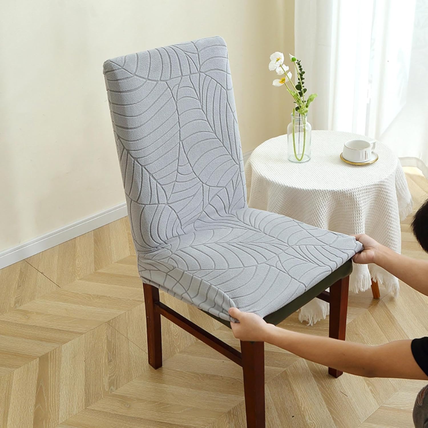 1/2/4/6pcs Leaf Jacquard Chair Cover Solid Chair Seat Slipcover Spandex Chair Protector Kitchen Dining Room Home Restaurant(6pcs Chair Cover/A1 Darkgrey)