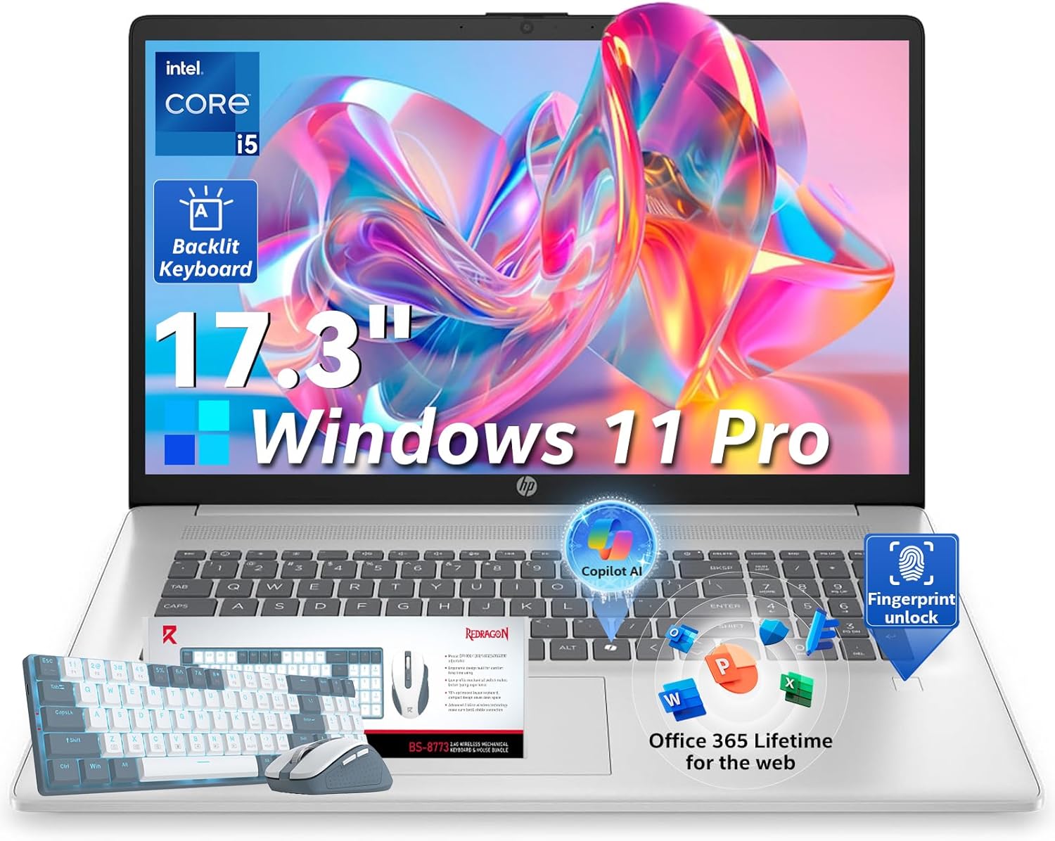 HP 2026 17 inch laptops, 20GB RAM 512GB SSD Windows 11 Pro, Intel Core i5-1334U, 17.3" HD+, Backlit Keyboard, Fingerprint Reader, AI Copilot, Type-c, Up to 7.5 Hours Battery Life