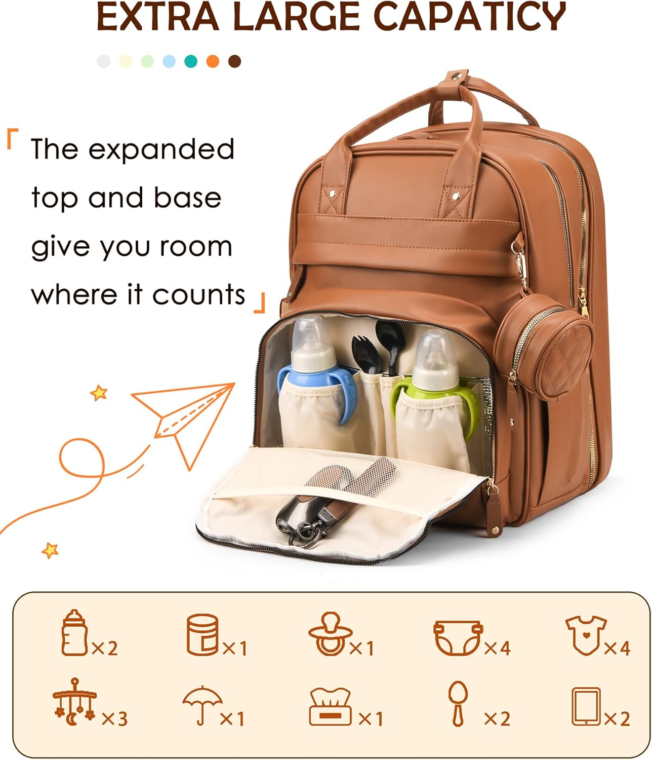 Diaper Bag Backpack with Changing Station, Newborn Essentials Must Haves, Water-Resistant Vegan Leather Diaper Backpack, Large Capacity Baby Travel Bag with Stroller Straps, Unisex Brown
