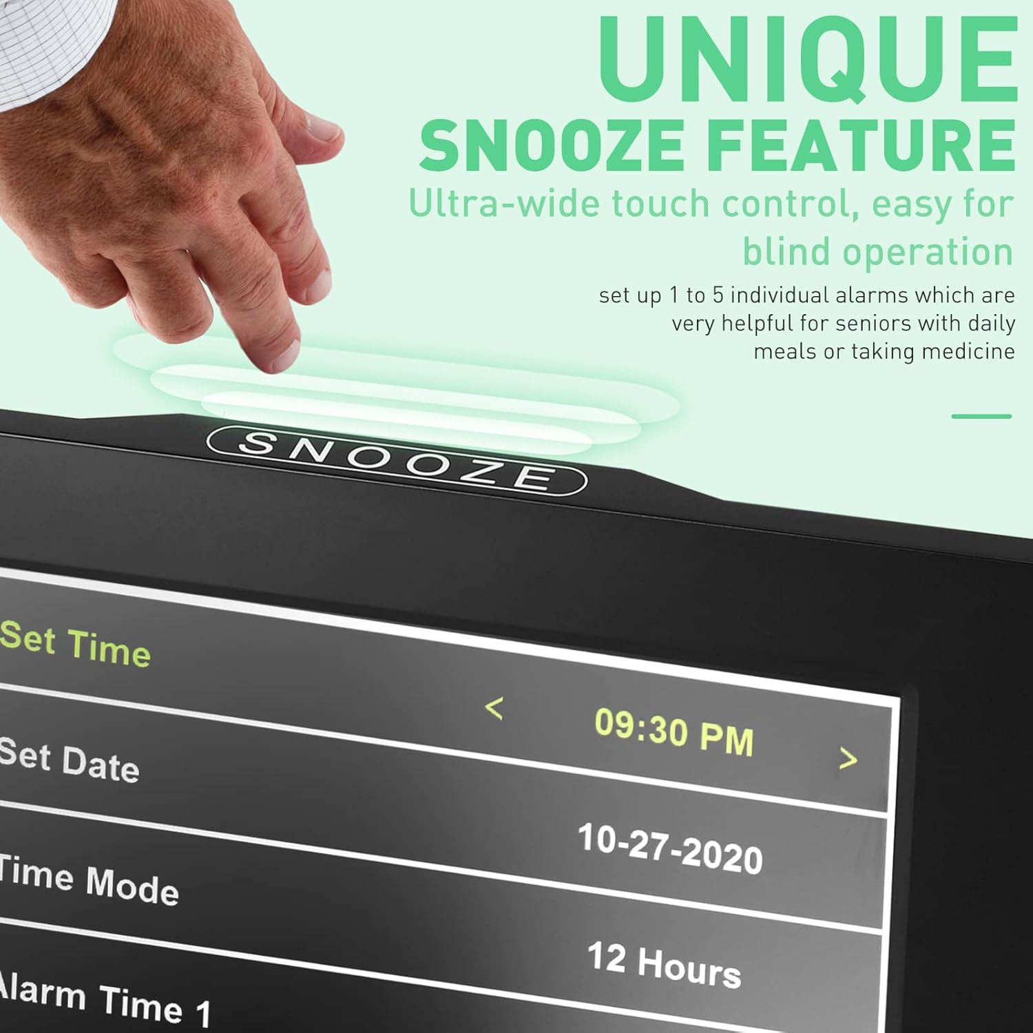 Hand pressing the SNOOZE button on top of the SVINZ Dementia Clock
