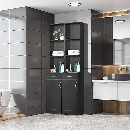 Miniatura 2 de Armario alto de baño, gabinete estrecho de lino delgado con estantes abiertos de 3 niveles y cajón, torre de lino independiente para baño, sala de