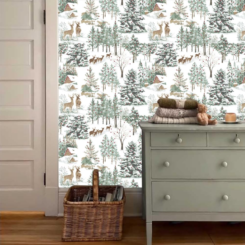 18"x236" Winter Snow Deer Animal Forest Peel and Stick Self Adhesive Wallpaper Removable Contact Paper Stick on Easy Peel Off Wall Paper for Kitchen Bedroom Bathroom Renter