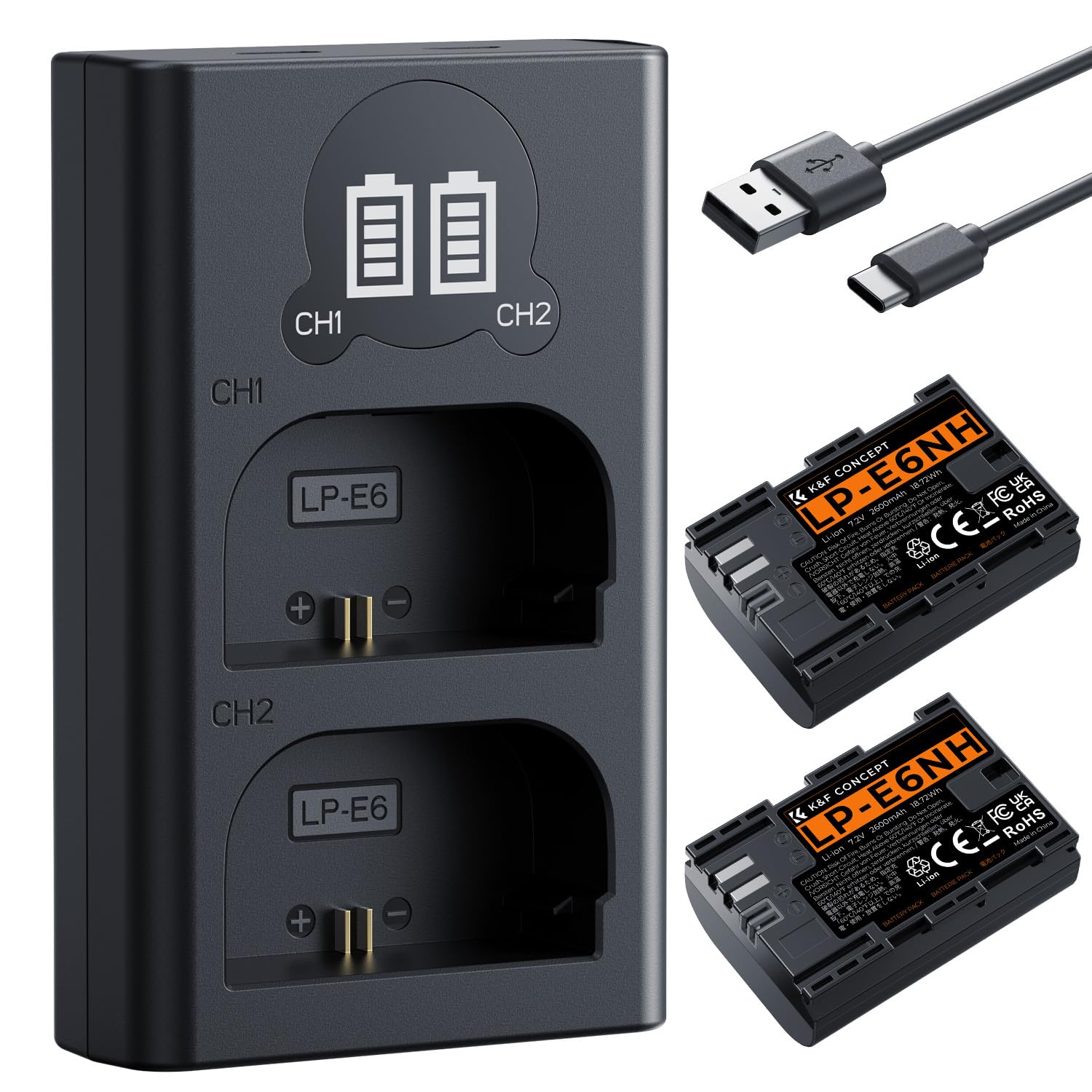 K&F Concept LP-E6NH Batterie 2600mAh Haute Capacité Double Fentes Écran LCD Chargeur Compatible avec Canon EOS R7 R6 R5 5D Mark II/III/IV 6D 6D Mark II 7D II 90D 80D 70D Caméras