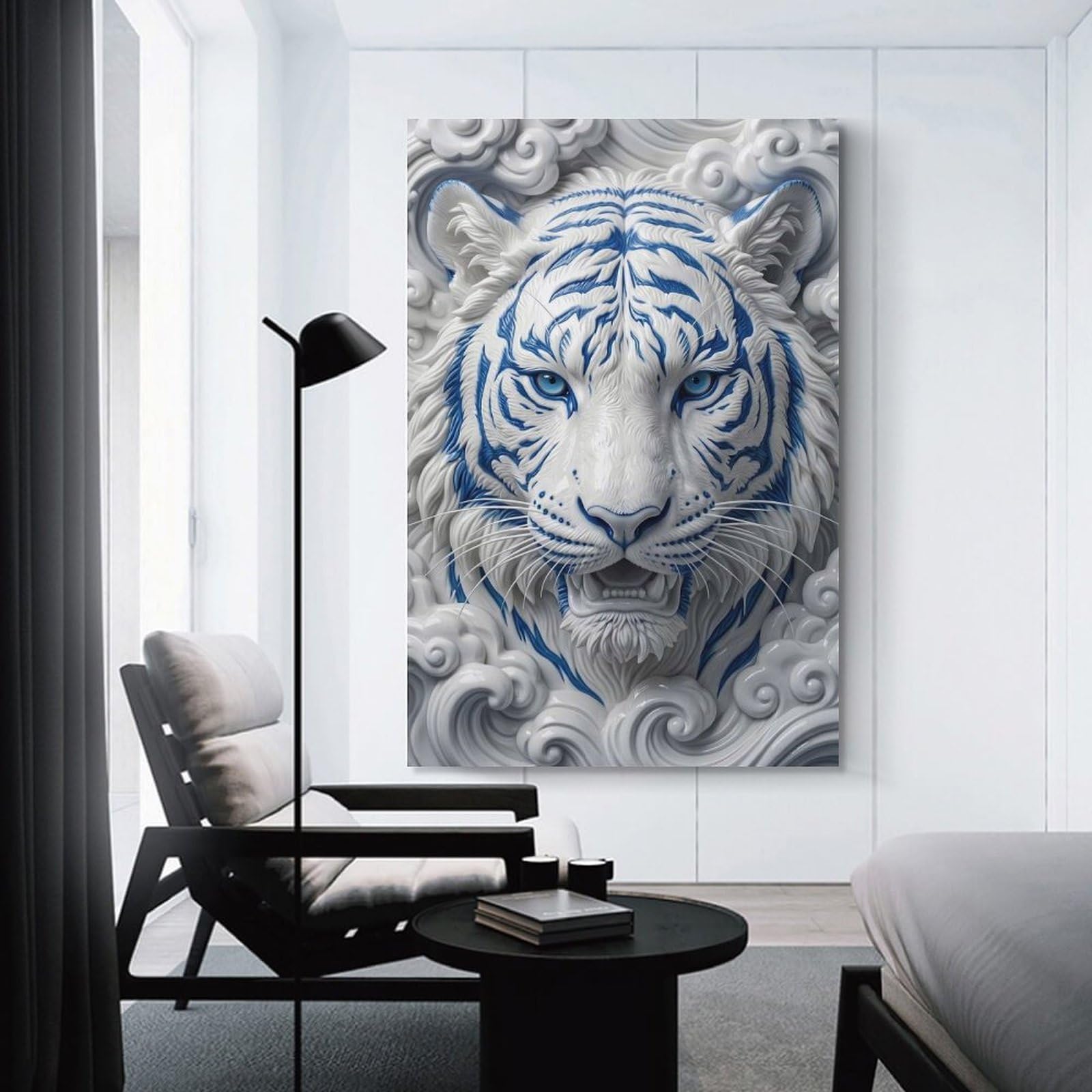 Junmoney White Tiger with Blue Stripes Home Decor Wall Art 08x12inch(20x30cm), for Living Room, Lounge Or Sitting Room, A Home Accent with Warm Character