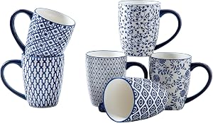 Ceramic Coffee Mugs Set - 16 Oz / 450 ml Large Porcelain Tea Cups with Handle for Women Men Cocoa Cappuccino Latte - Christmas Housewarming Gift - Dishwasher Safe - Set of 6 - Vintage Blue