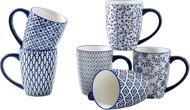 Ceramic Coffee Mugs Set - 16 Oz / 450 ml Large Porcelain Tea Cups with Handle for Women Men Cocoa Cappuccino Latte - Christmas Housewarming Gift - Dishwasher Safe - Set of 6 - Vintage Blue