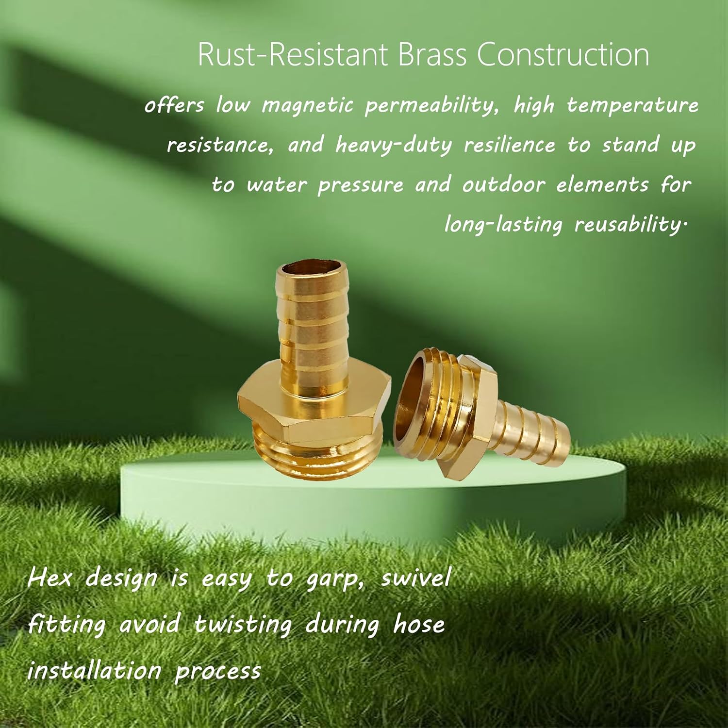 Brass Garden Hose Adapter Fitting, 3/8” Barb and 3/4” GHT Male Connector, Heavy-Duty High-Pressure Support, Rust and Corrosion Resistant (2PCS)