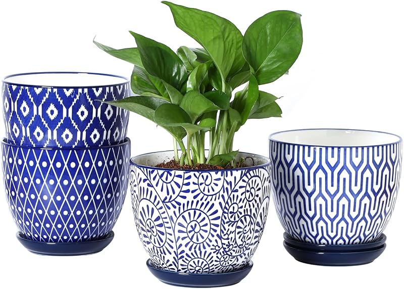 Selamica Macetas de cerámica, macetas de 5,6 pulgadas para plantas de interior con orificio de drenaje y platillo, decoración del hogar, juego de 4, azul vintage