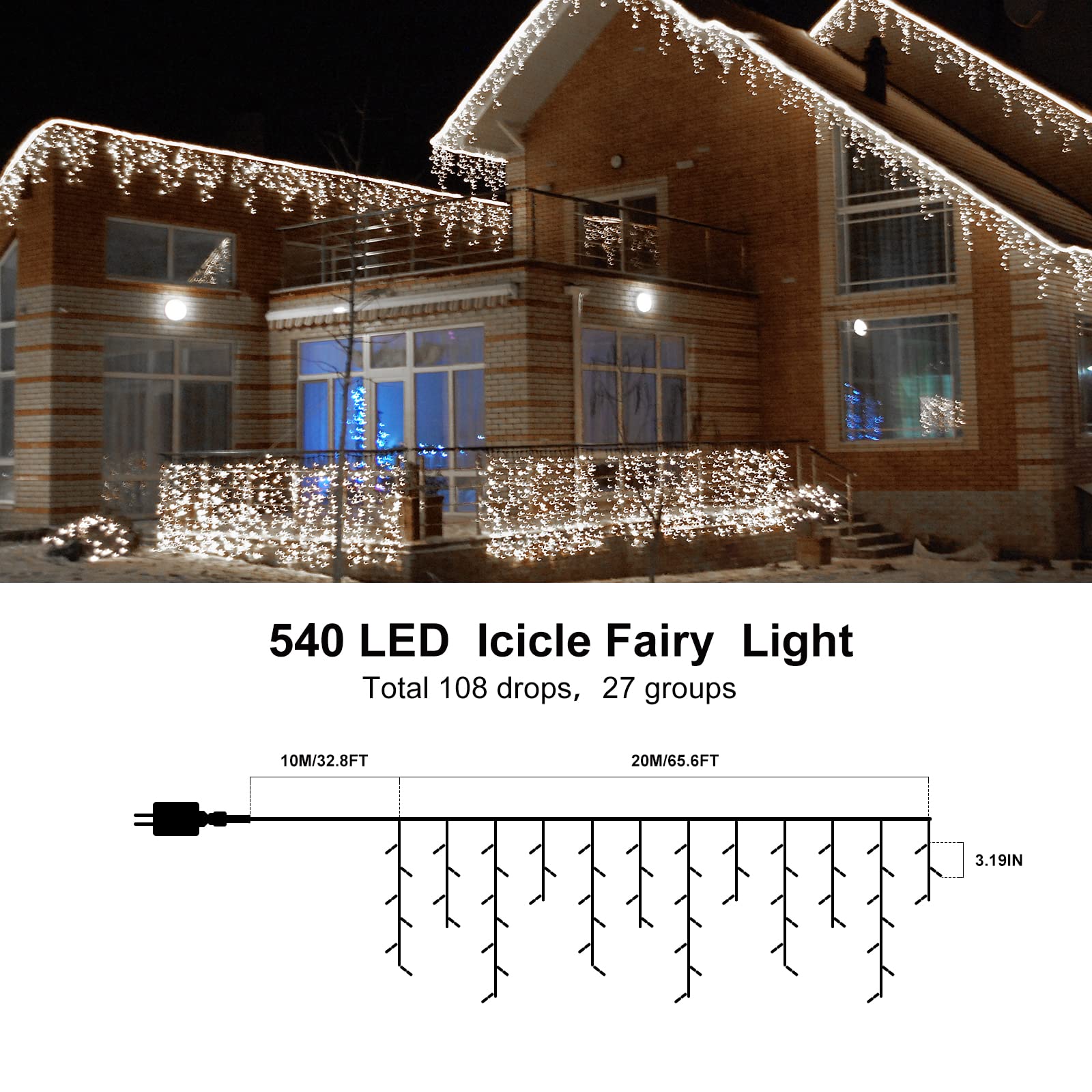 20M Icicle Lights Rideau de Noël extérieur Guirlandes lumineuses alimentées par le secteur Lumières de glace extérieures avec 108 gouttes pour décorations de Noël Gazebo d'intérieur, Blanc