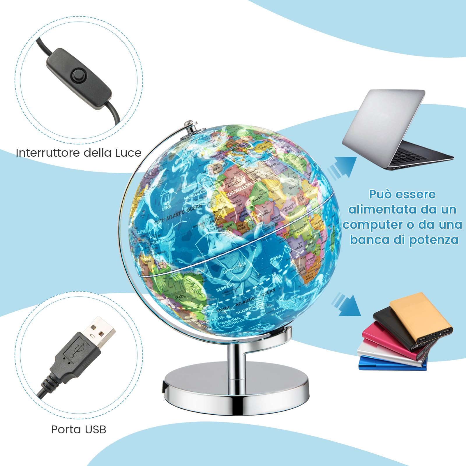COSTWAY 23 cm Mappamondo 3 in 1, con Base e Luci (Inglese)