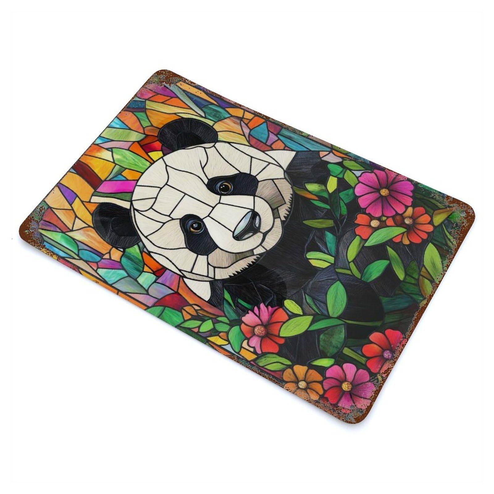 Distressed Metal Wall Sign with Stained Glass Panda Design 11.8"x7.9", for Farmhouse, Kitchen And Entryway Decor, Old School Wall Decor