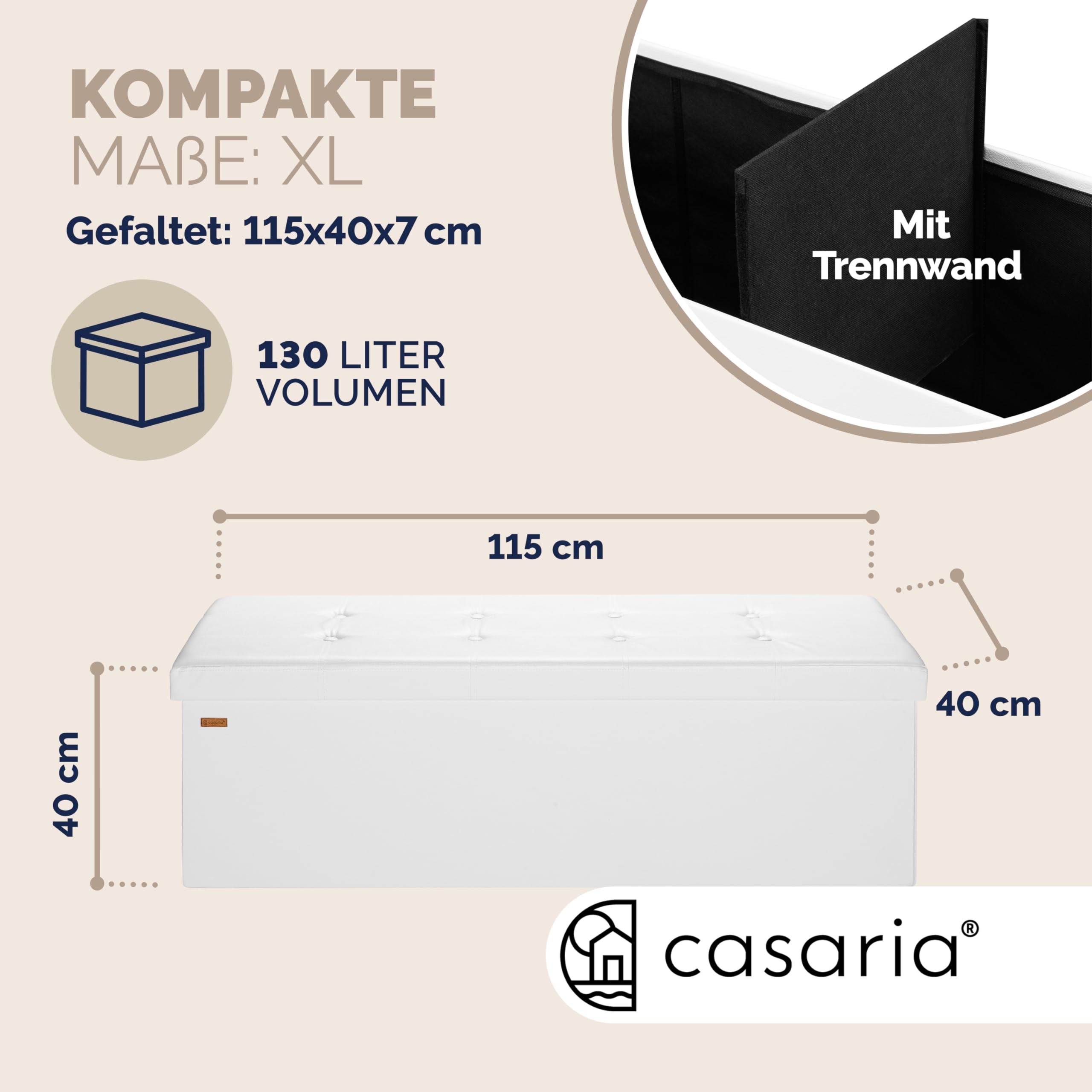 Casaria® Sitzbank mit Stauraum Faltbar Weiß 115x40x40cm Gepolstert Deckel Kunstleder Schlafzimmer Wohnzimmer Flur Sitztruhe Truhenbank Polsterbank