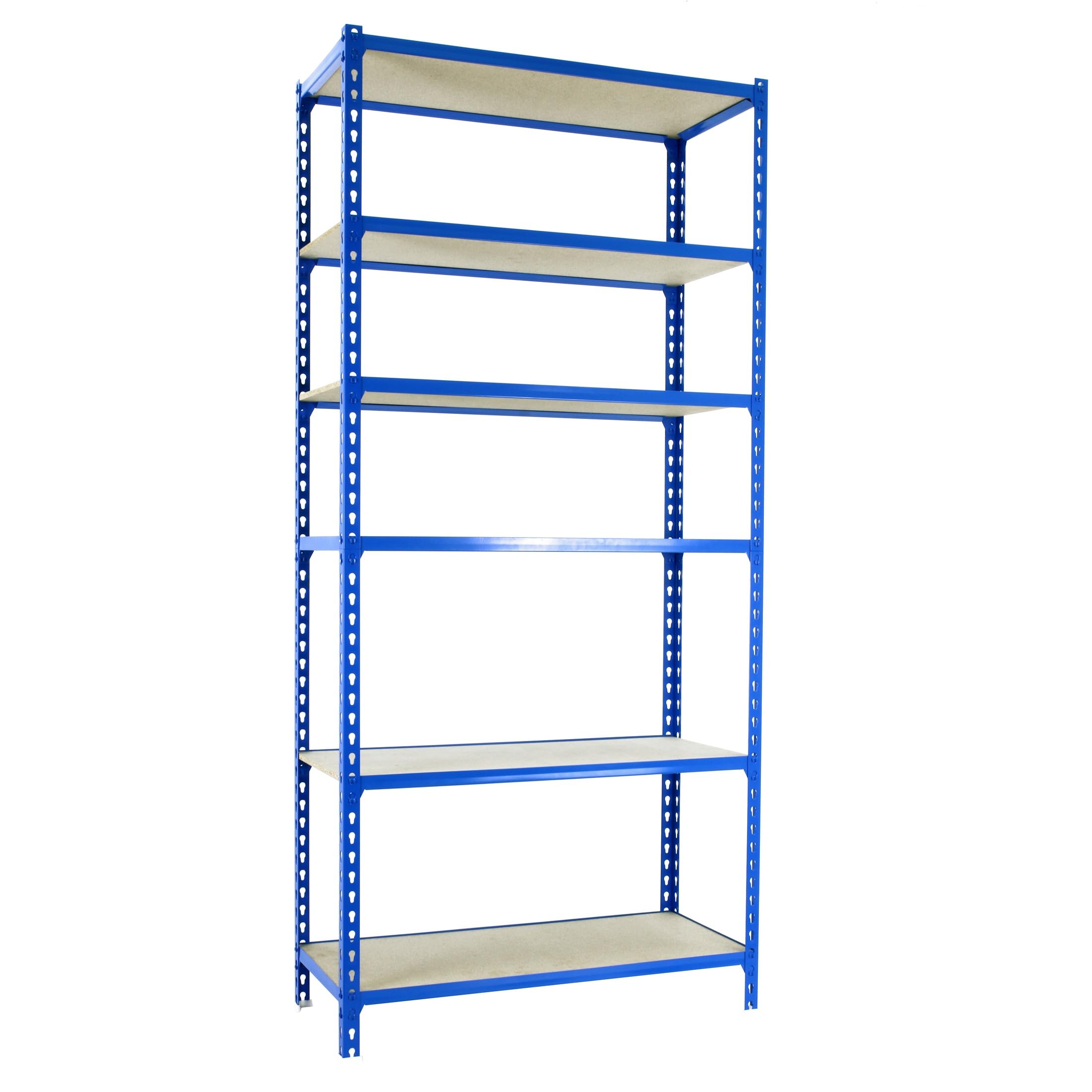 Simon Rack Scaffale Metallo Garage e 6 Ripiani, Capacità di Carico 150 kg e Punto di Flessione, 2500x900x300 mm, Metallo, Scaffalatura per Garage, Blu/Legno - Maderclick