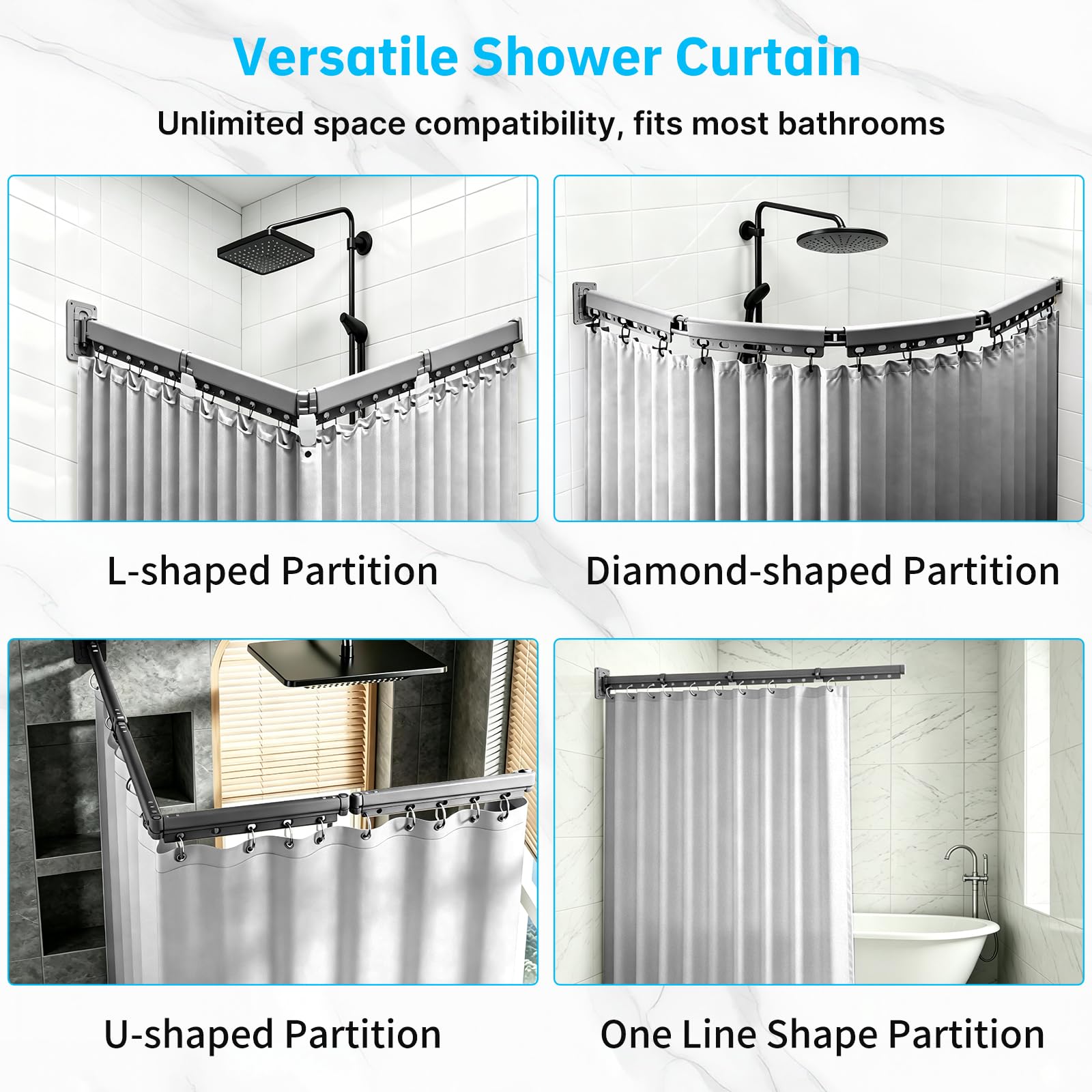 Rideau de douche pliable avec tringle, tringle de douche pliable en 4 sections, t-ringle d'angle murale pour salle de bain,baignoire,vestiaire,pliable et peu encombrante,sans perçage