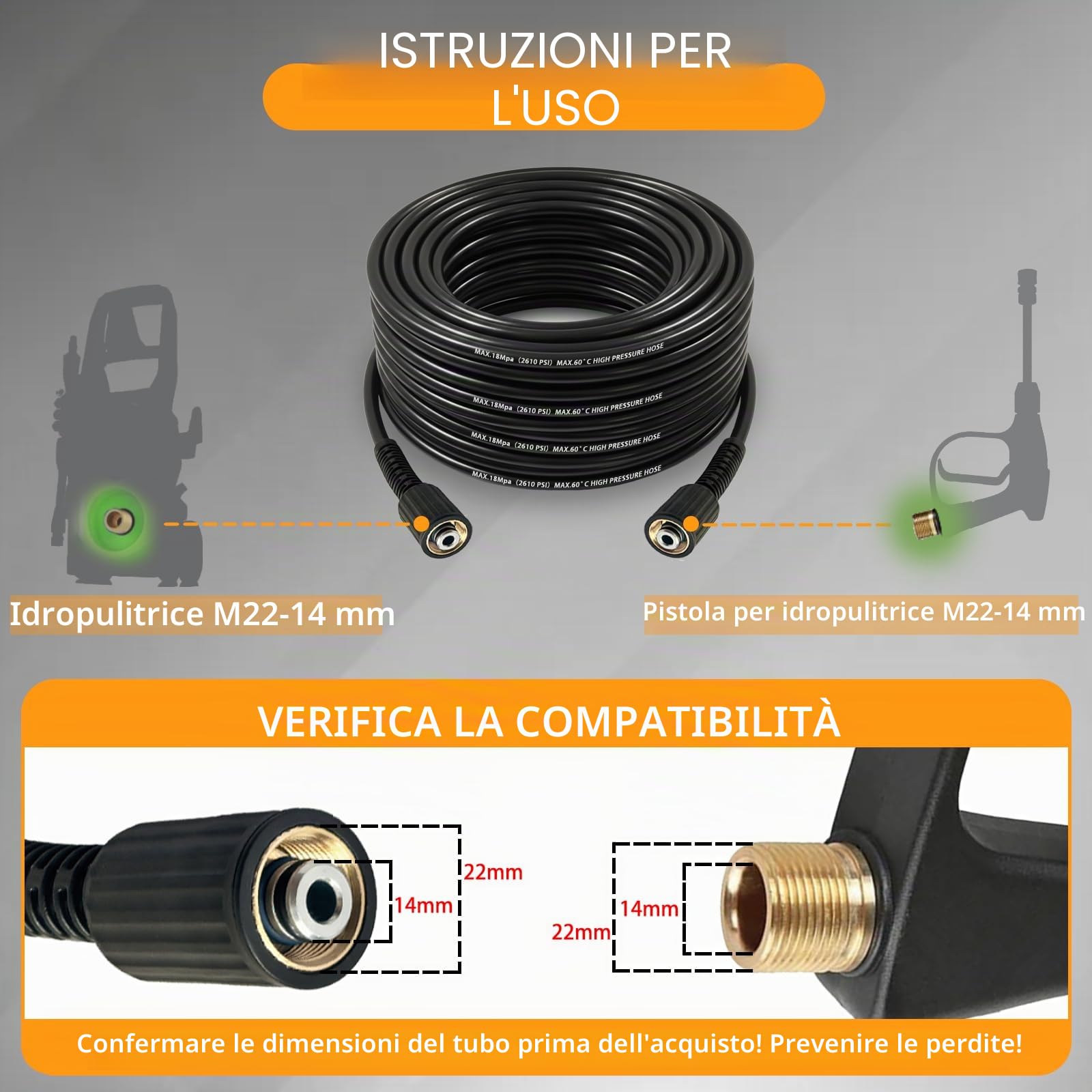 20M Tubo di prolunga resistente alle pieghe M22 per idropulitrice con raccordo filettato in ottone, tubo per idropulitrice ad alta pressione 2610 PSI, tubo di ricambio per idropulitrice M22-14mm