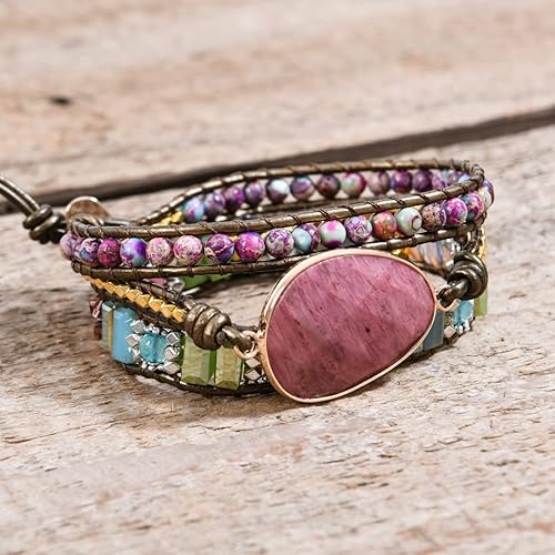 Miniatura 5 de Ygline. - Pulsera de piel hecha a mano, con piedras naturales de turquesa, jaspe y amazonita, 5 hebras, piel, pulsera bohemia.