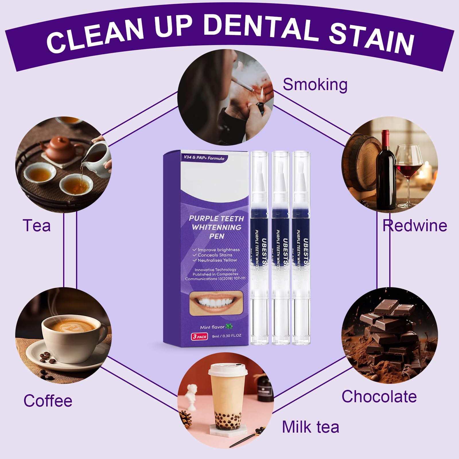 3 Pezzi Penne Sbiancante Denti,Penna Gel Sbiancamento per Dentale,sbiancante denti,Per Rimozione delle Macchie e Sorriso Più Luminoso,Facile da Usare,Rapido Sbiancamento(Viola)