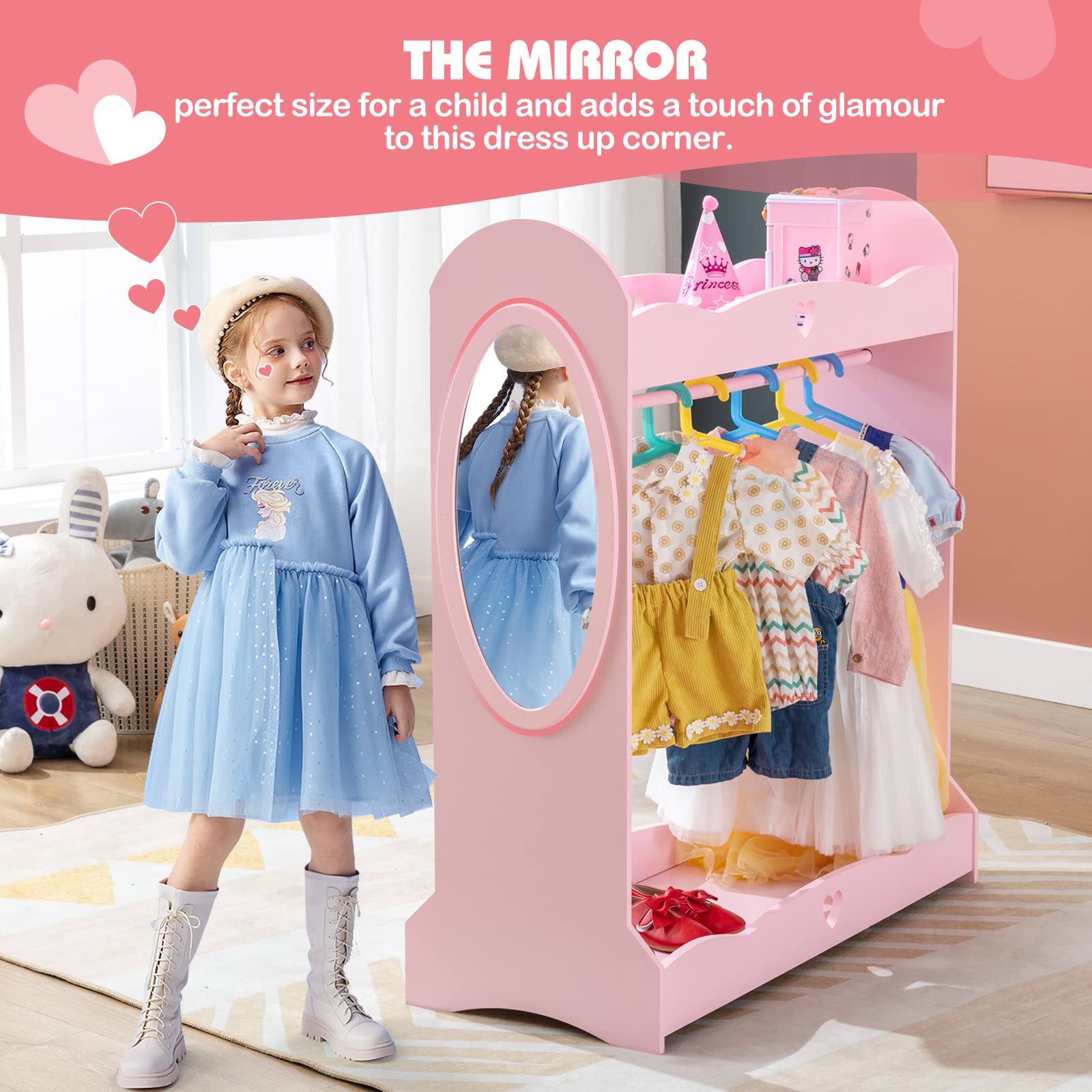 JOYLDIAS Kids Dress Up Storage with Mirror, Kid Armoire W/Side Hook Pockets, Pretend Storage Closet for Kids, Costume Dress-up Wardrobe W/Top Shelf Shoes Storage for Bedroom Girls Room, Pink