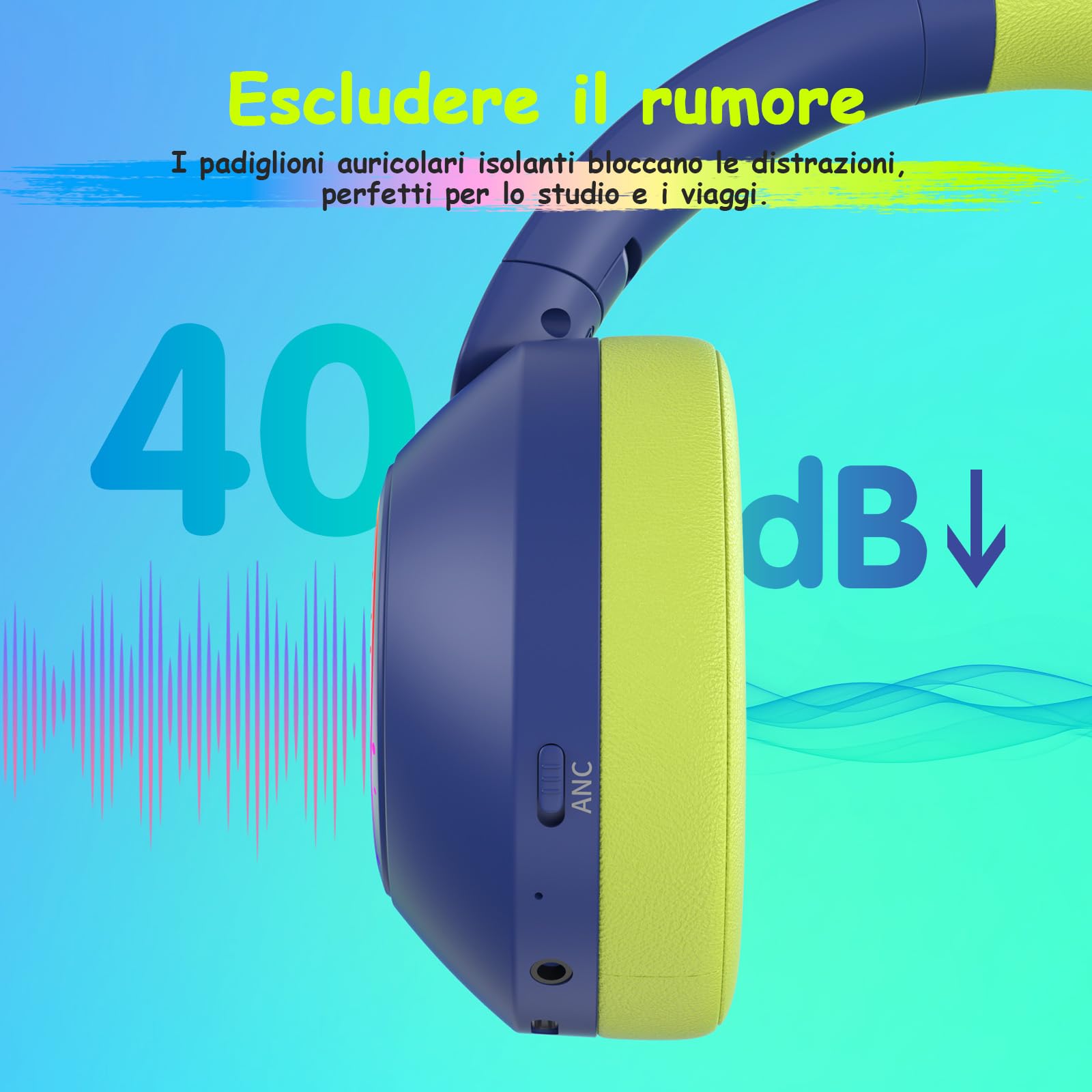 TONOSHARK Cuffie Bluetooth Cancellazione Rumore per Bambini, Cuffie Bambino Con Luci LED RGB Colorate, 60 Ore Di Autonomia, Over-Ear Bluetooth 5.4, Microfono Integrato, Per Casa/Scuola/Feste (Blu)